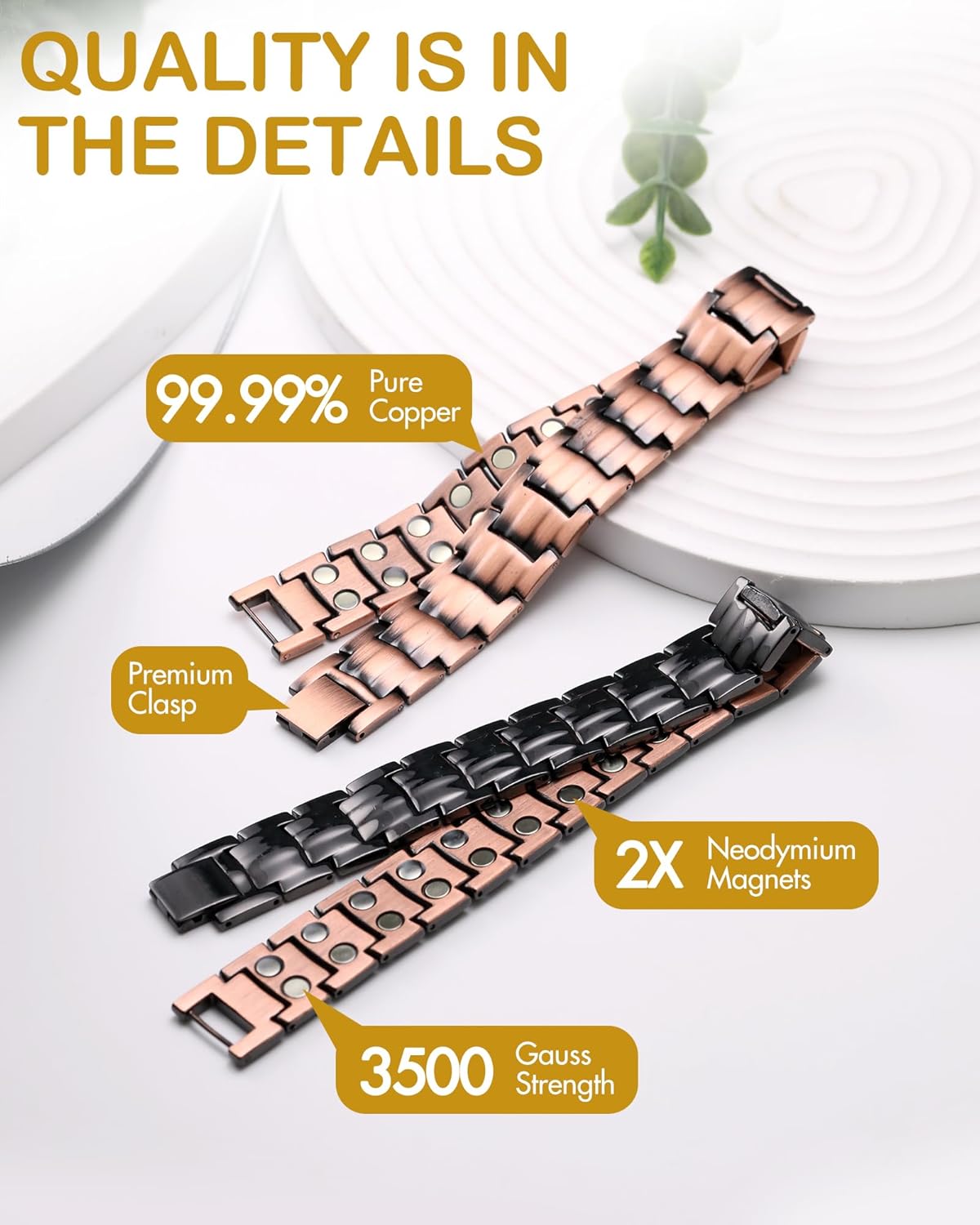 Feraco Men's Copper Magnetic Bracelet Elegant 99.99% Solid Copper Bracelets with Double-Row Strong Magnets, Magnetic Field Therapy Jewelry - Image 4