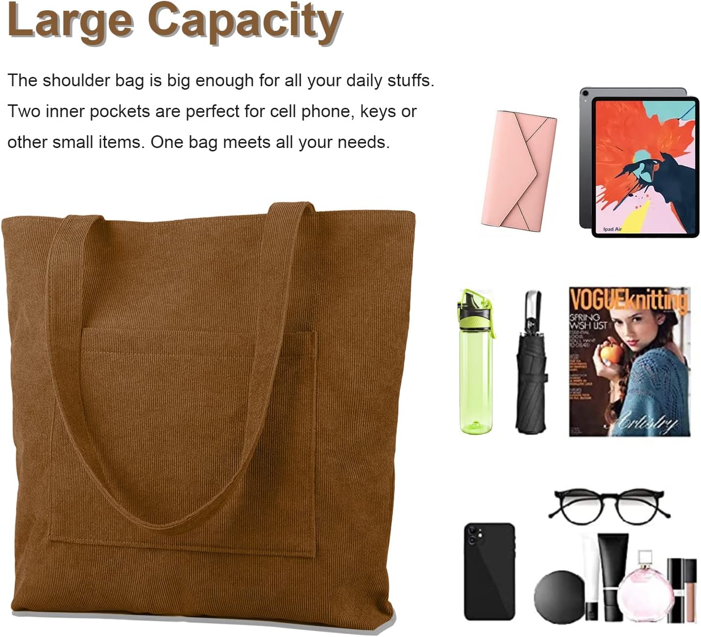 Corduroy Tote Bag with Zip, Kememo Shoulder Bag Women's Hobos Handbags Large Capacity Shopping Bag with Inner Pocket - Image 2