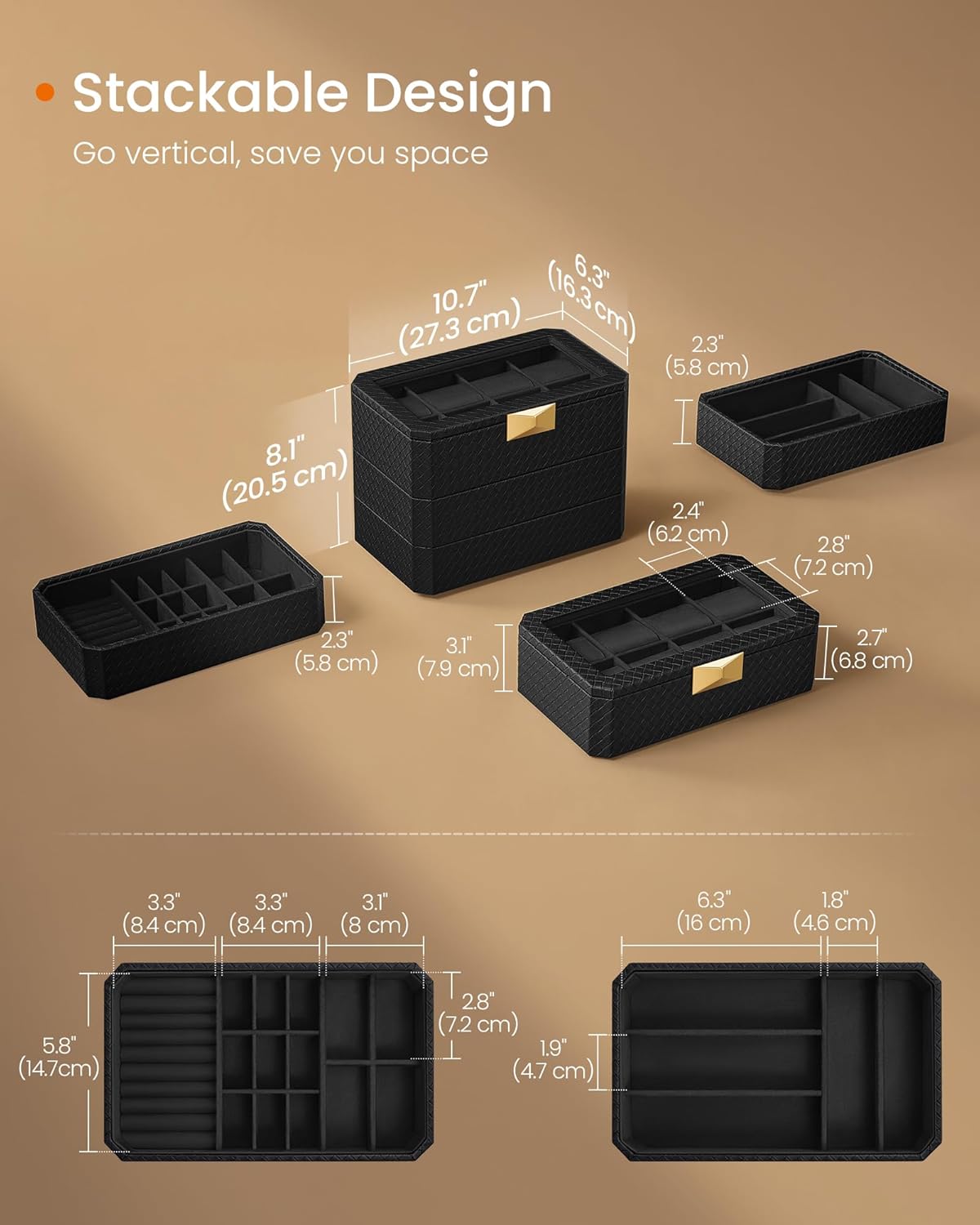 SONGMICS HOME RONNE Collection - 3-Tier Watch Box, Stackable 8-Slot Watch Case, Woven Embossed PU Leather, Floating Effect, Gift Idea, Ink Black Surface, Ink Black Lining UJWB021B01 - Image 5