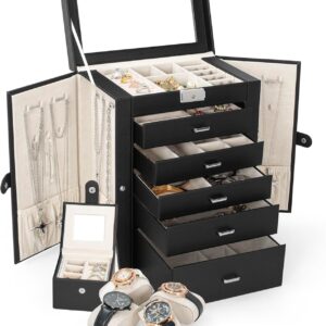 TORIBIO 2 in 1 Huge Jewelry Box 6-Tier Leather Jewelry Organizer Case with Small Travel Case for Women Girls Ring Necklace Earring Bracelet Watches with Big Mirror Black TORIBIO 2 in 1 Huge Jewelry Box 6-Tier Leather Jewelry Organizer Case with Small Travel Case for Women Girls Ring Necklace Earring Bracelet Watches with Big Mirror Black