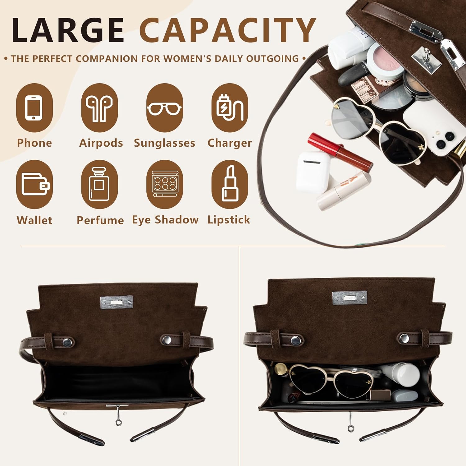 Suede Shoulder Bag Crossbody Suede Purse for Women 2024 Fall Purse Stylish Brown Suede Handbags Satchel Purse - Image 3