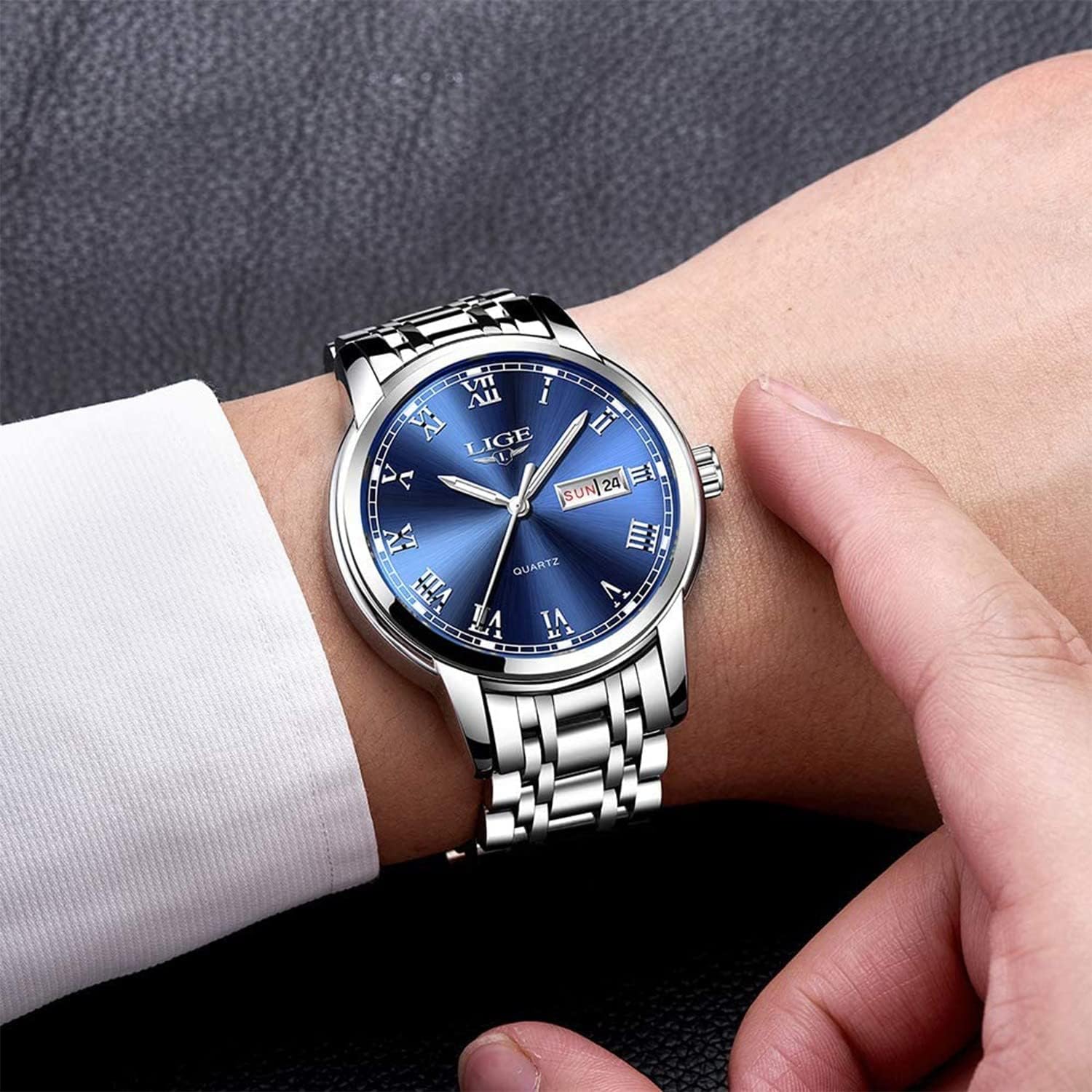 LIGE Mens Watches Waterproof Chronograph Stainless Steel Analog Quartz Watch Men Fashion Business Dress Wrist Watch - Image 2
