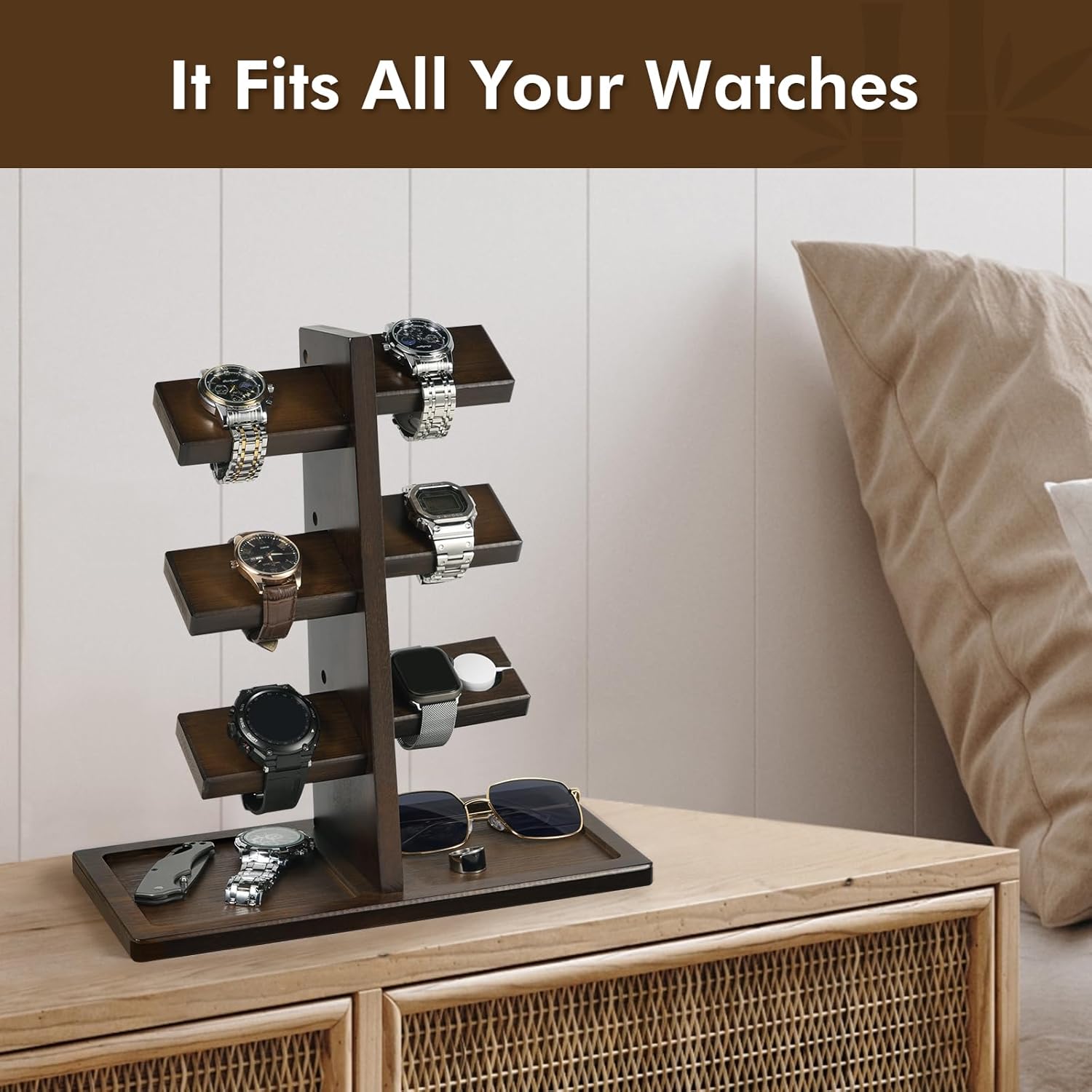 ikkle Watch Holder Stand with Charging Station, Wooden Watch Display Tower Jewelry Organizer for Watches, Rings, Coins Bracelets, Sunglasses, Necklaces, Great Gift for Men - Image 8