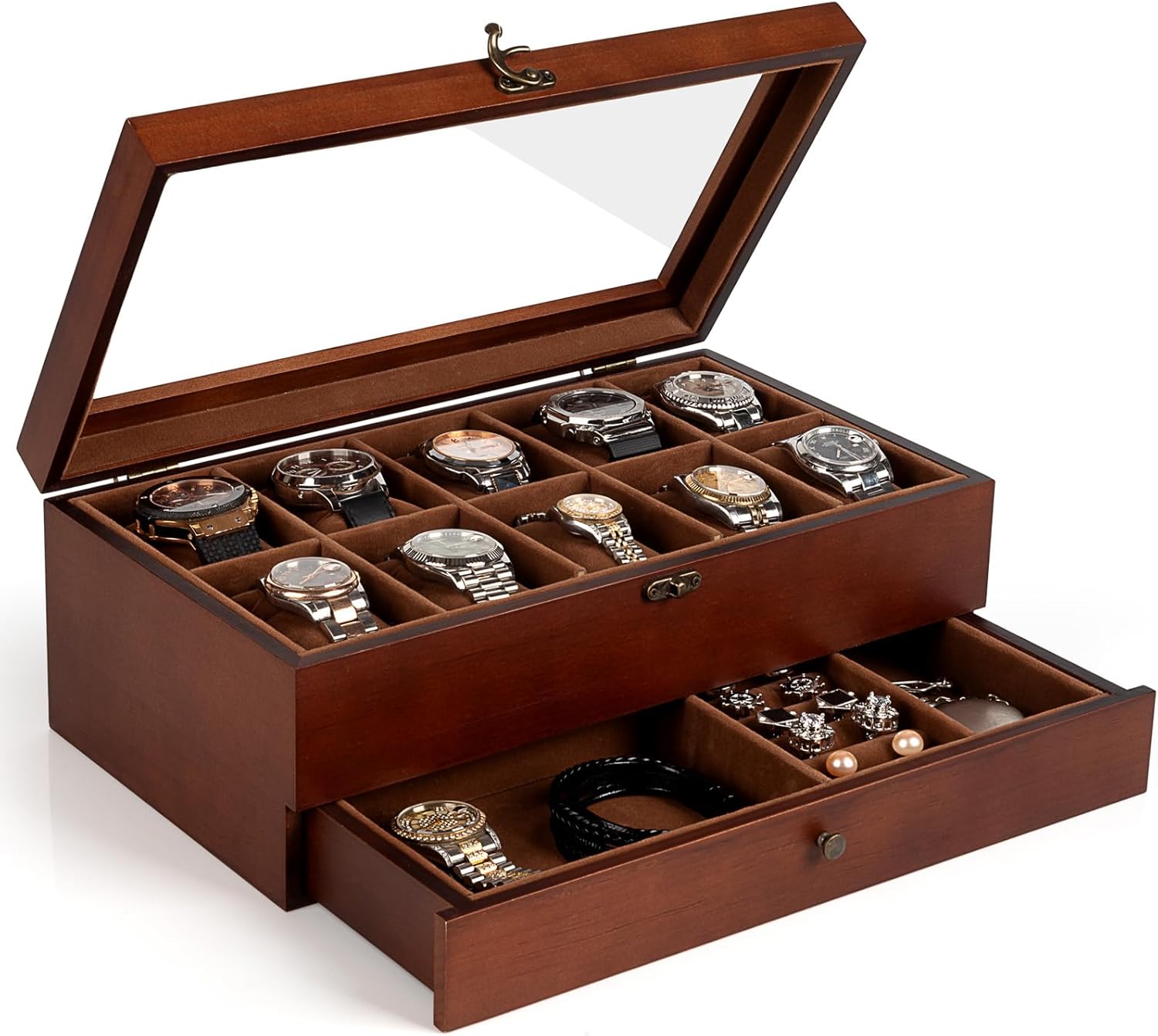 ULTRGEE Watch Box for Men, Watch Display Case - 10 Slots, Wooden Watch Holder Organizer with Drawer, 2 - Layer Watch and Jewelry Storage Box - Image 2