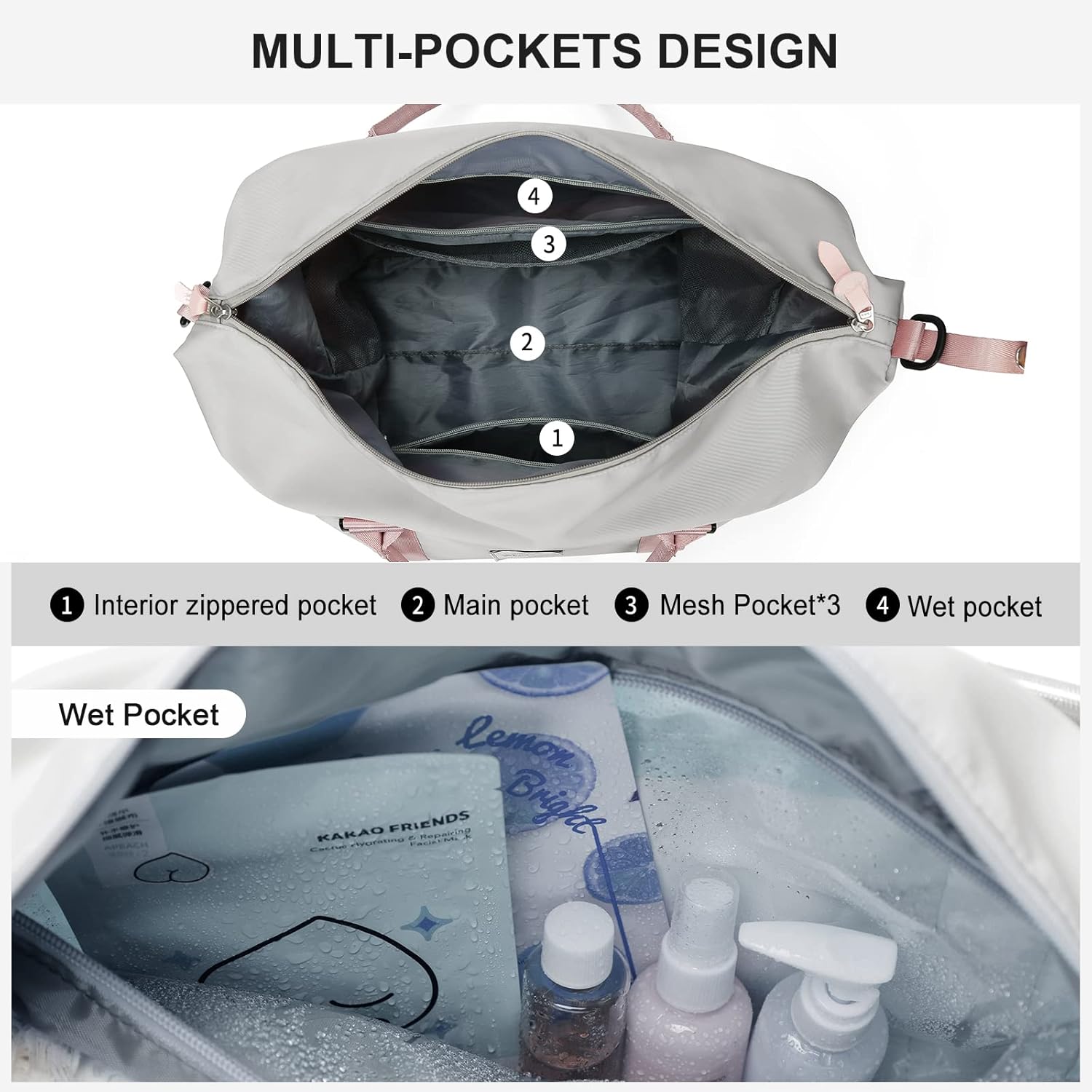 Sport Travel Duffle Bag Large Gym Tote Bag for Women, Weekender Bag Carry on Bag for Airplane, Ladies Beach Bag Overnight Bag Waterproof Hospital Bag Luggage Bag with Wet Bag,A12-Grey Pink - Image 4