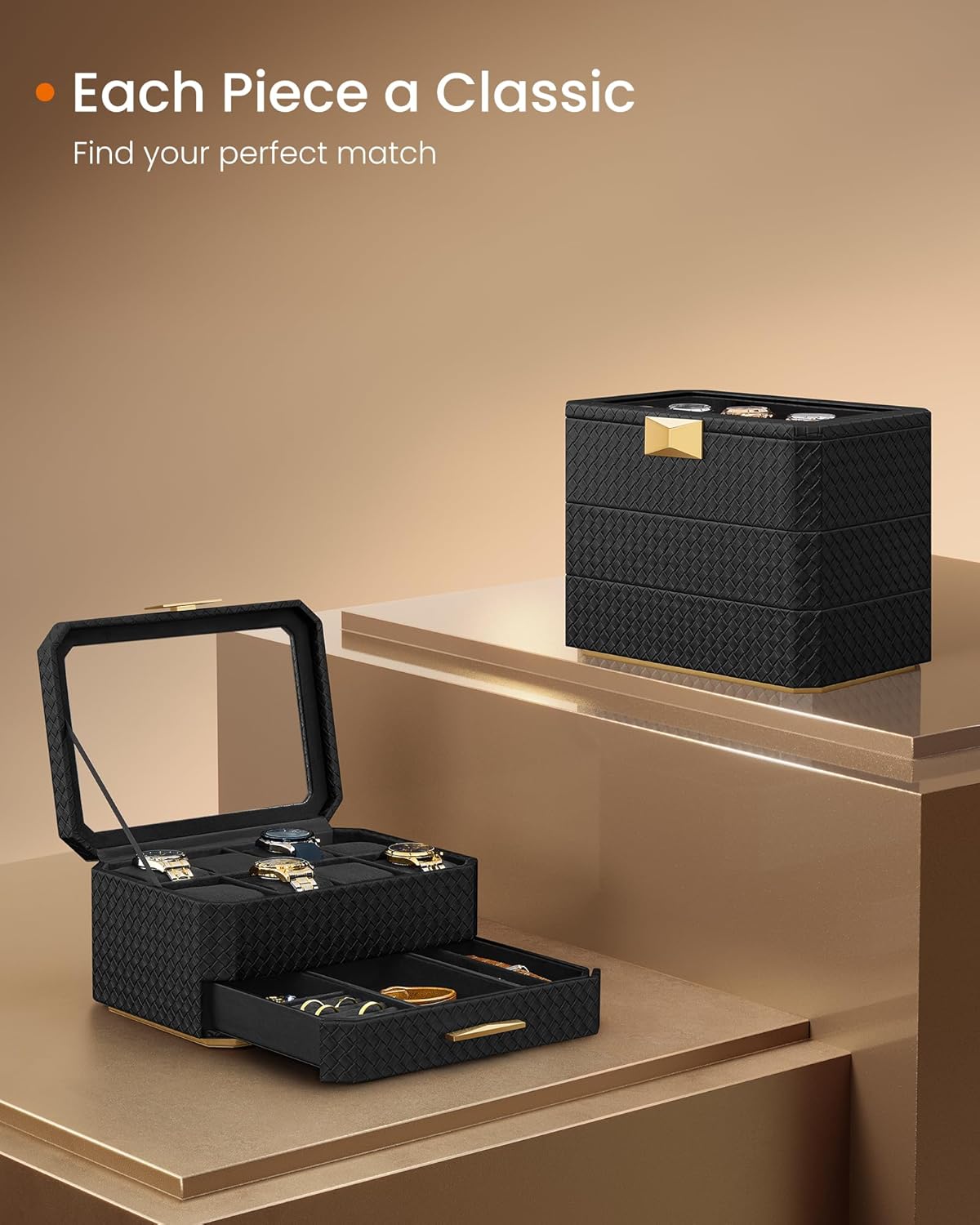 SONGMICS HOME RONNE Collection - 3-Tier Watch Box, Stackable 8-Slot Watch Case, Woven Embossed PU Leather, Floating Effect, Gift Idea, Ink Black Surface, Ink Black Lining UJWB021B01 - Image 6