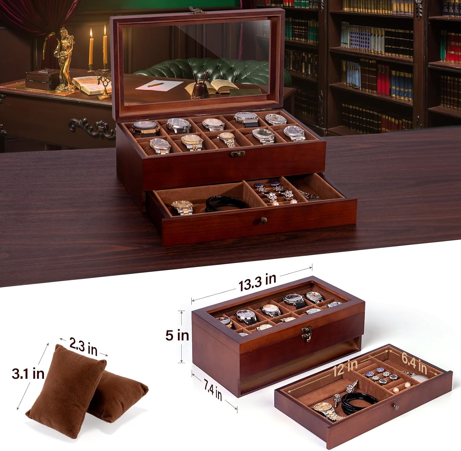 ULTRGEE Watch Box for Men, Watch Display Case - 10 Slots, Wooden Watch Holder Organizer with Drawer, 2 - Layer Watch and Jewelry Storage Box - Image 3
