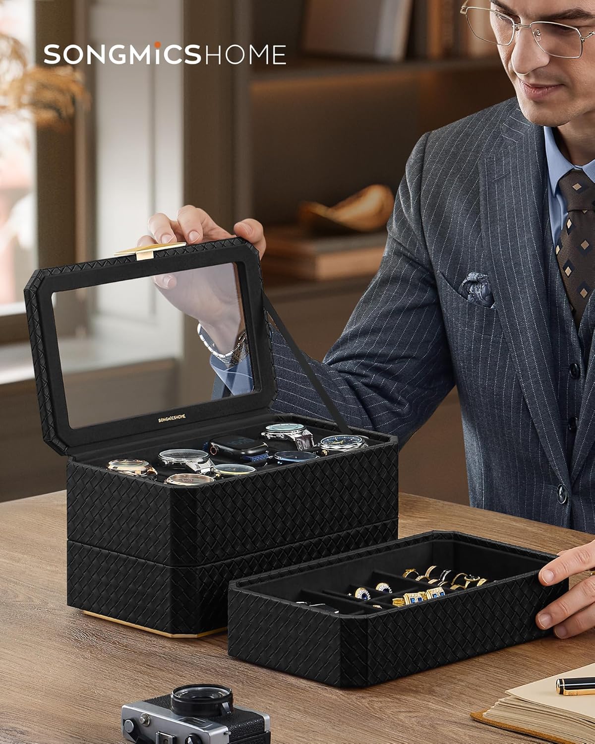 SONGMICS HOME RONNE Collection - 3-Tier Watch Box, Stackable 8-Slot Watch Case, Woven Embossed PU Leather, Floating Effect, Gift Idea, Ink Black Surface, Ink Black Lining UJWB021B01 - Image 2