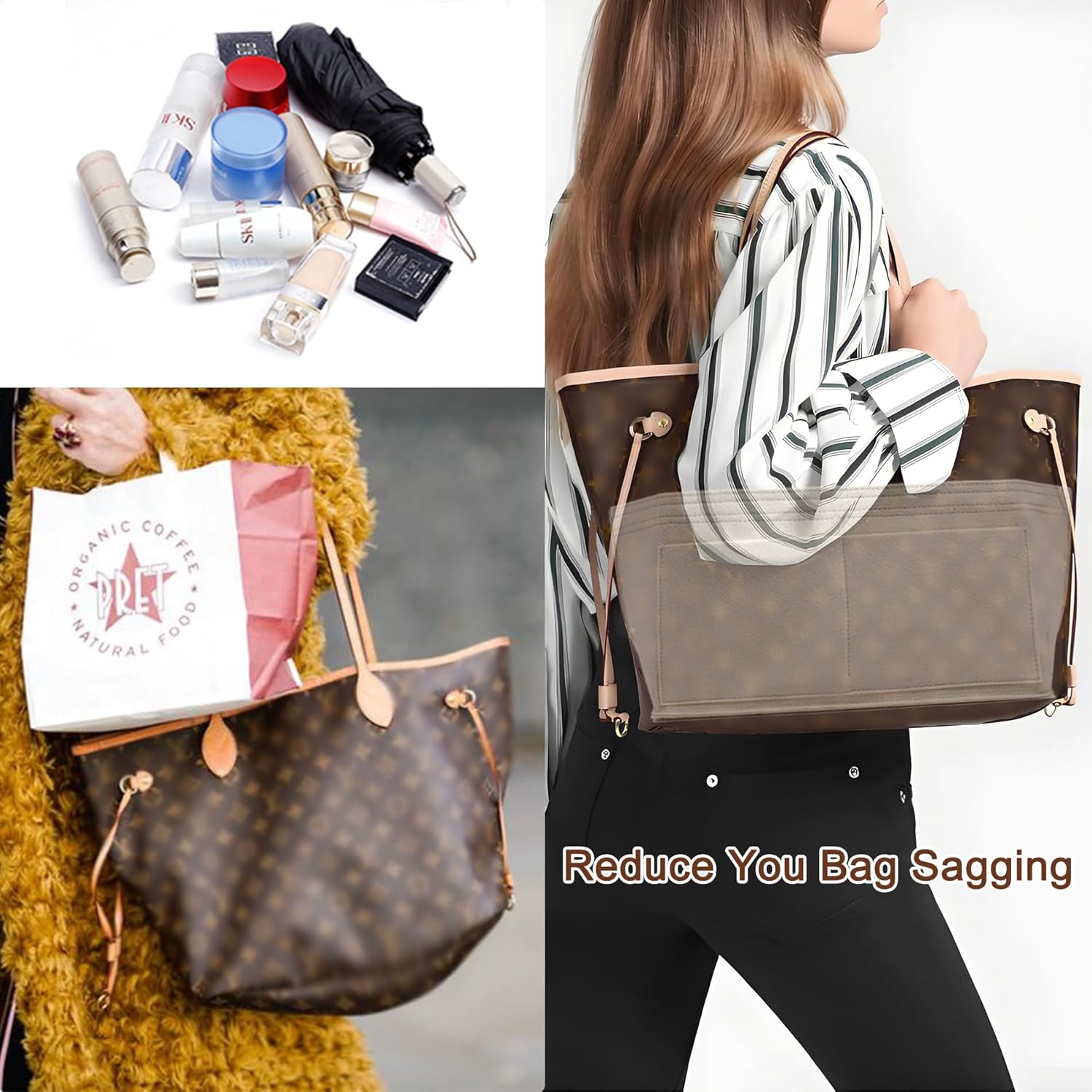 Doxo Purse Organizer Insert for Handbags & Base Shaper 2pc Set,Felt Organizer Insert Large Tote,Bag Organizer with Zipper 3 Sizes,Fit Speedy Neverfull MM and More(Beige-L-Combination) - Image 3