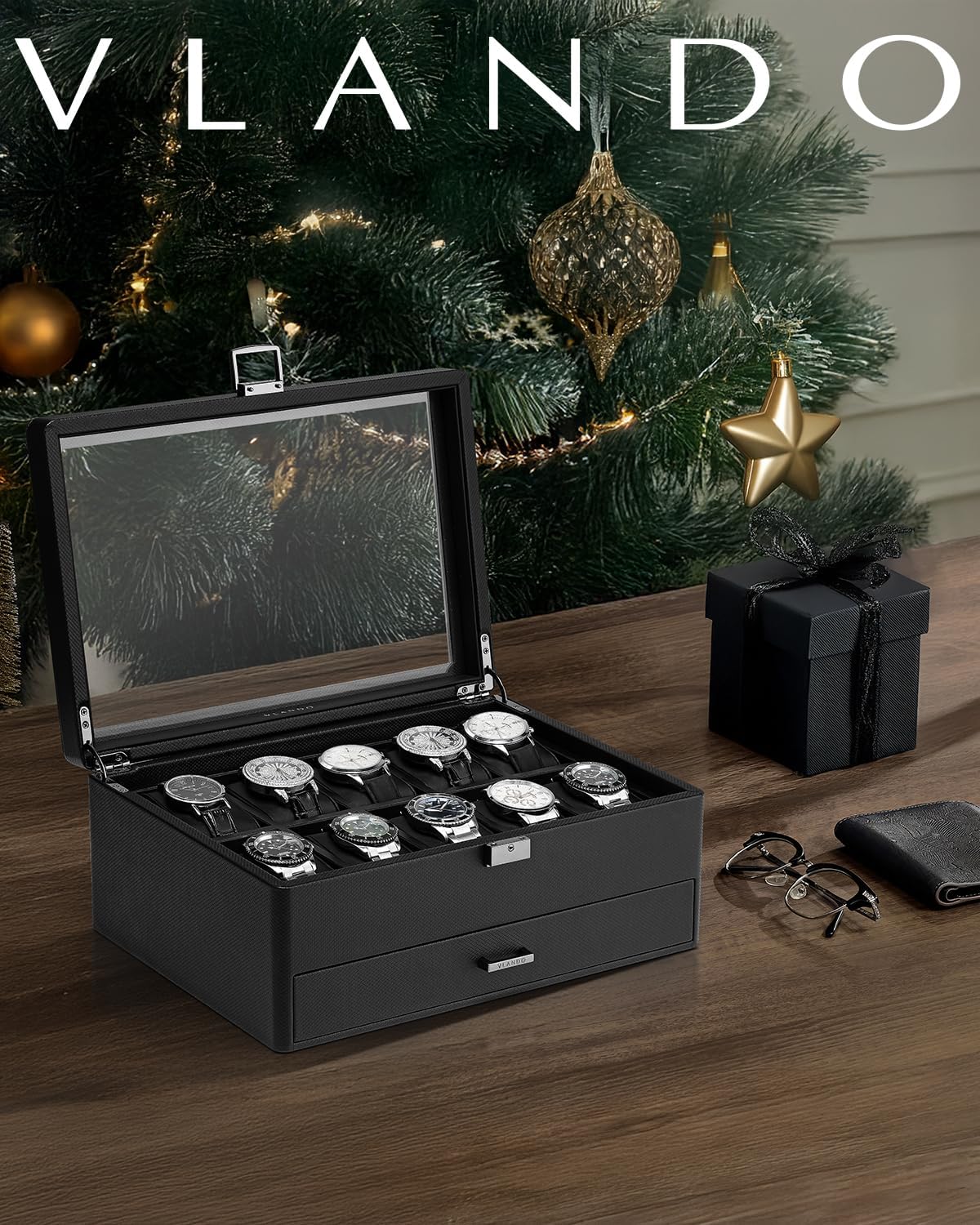 Vlando 10-Slot Watch Box, 2-Tier Watch Display Case, Lockable Watch Case with Glass Lid,Jewelry Box for Men,Black - Image 2