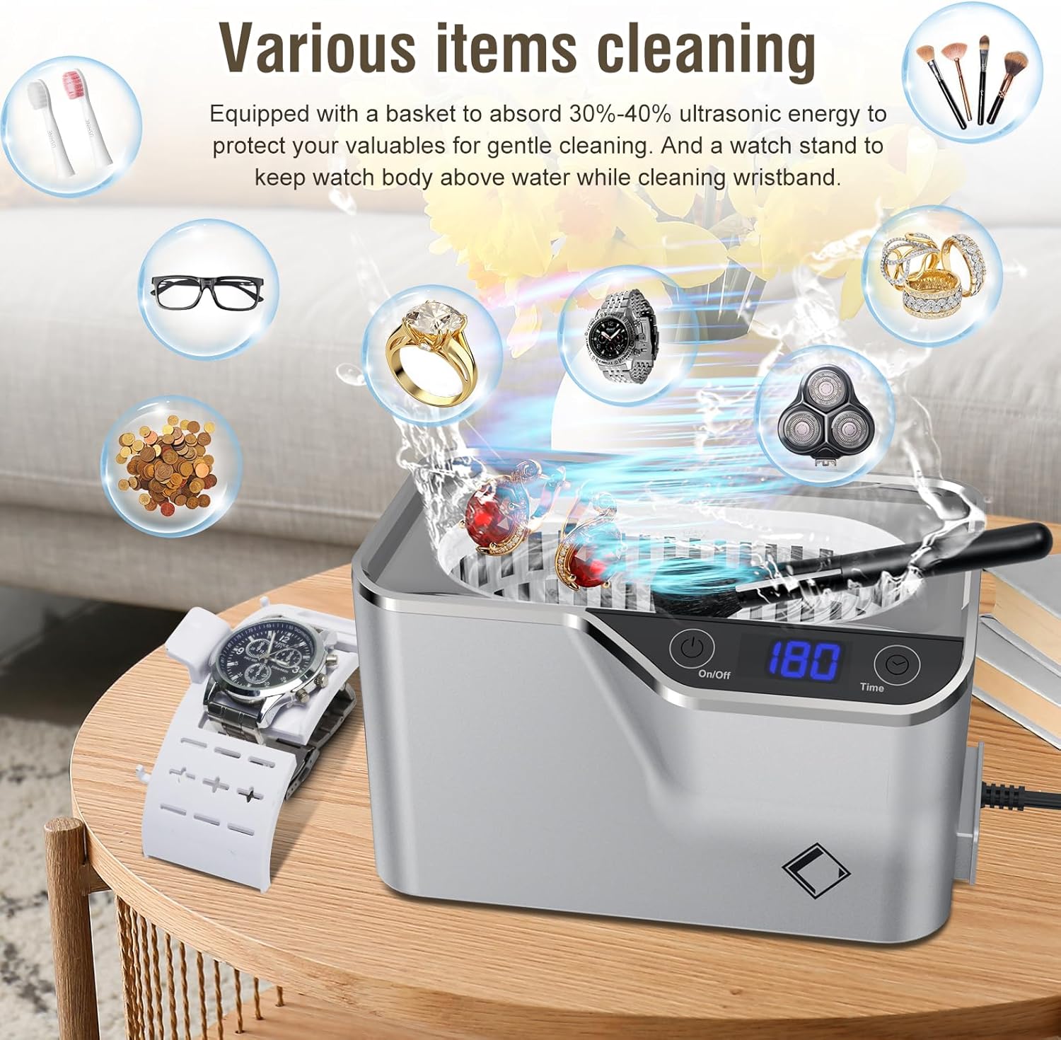 LifeBasis Ultrasonic Cleaner, Professional Ultrasonic Jewelry Cleaner 20 Ounces (600ML) with Digital Timer, Watch Holder Ultrasonic Glasses Cleaner for Rings, Coins, Watches, Silver - Image 8