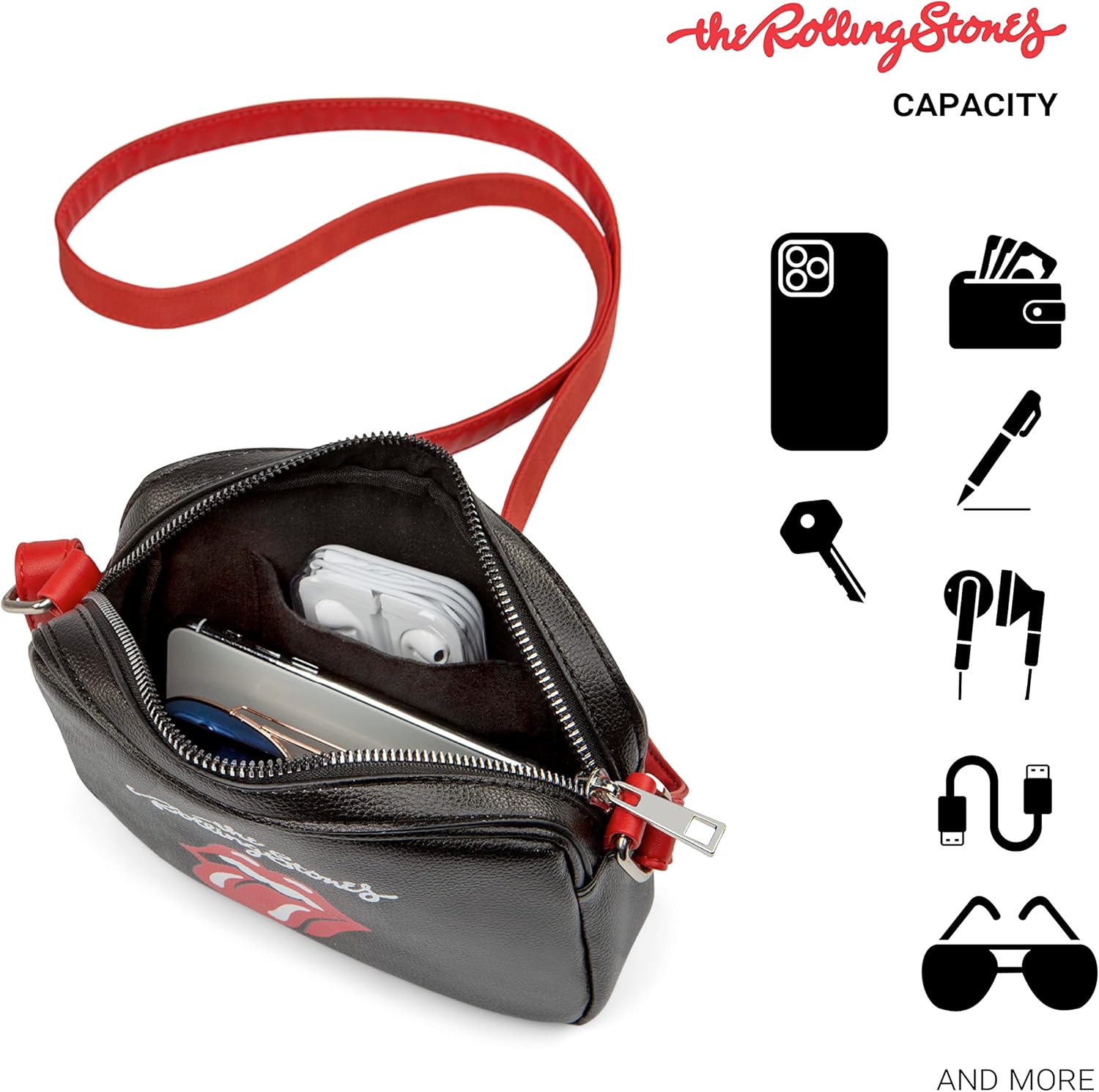 Rolling Stones Majesties Collection Crossbody Bag for Women, Men, Girls, and Teens, Officially Licensed Lightweight Vegan Leather Purse for Travel, Fits Phone, Wallet, and More, Black/Red - Image 3