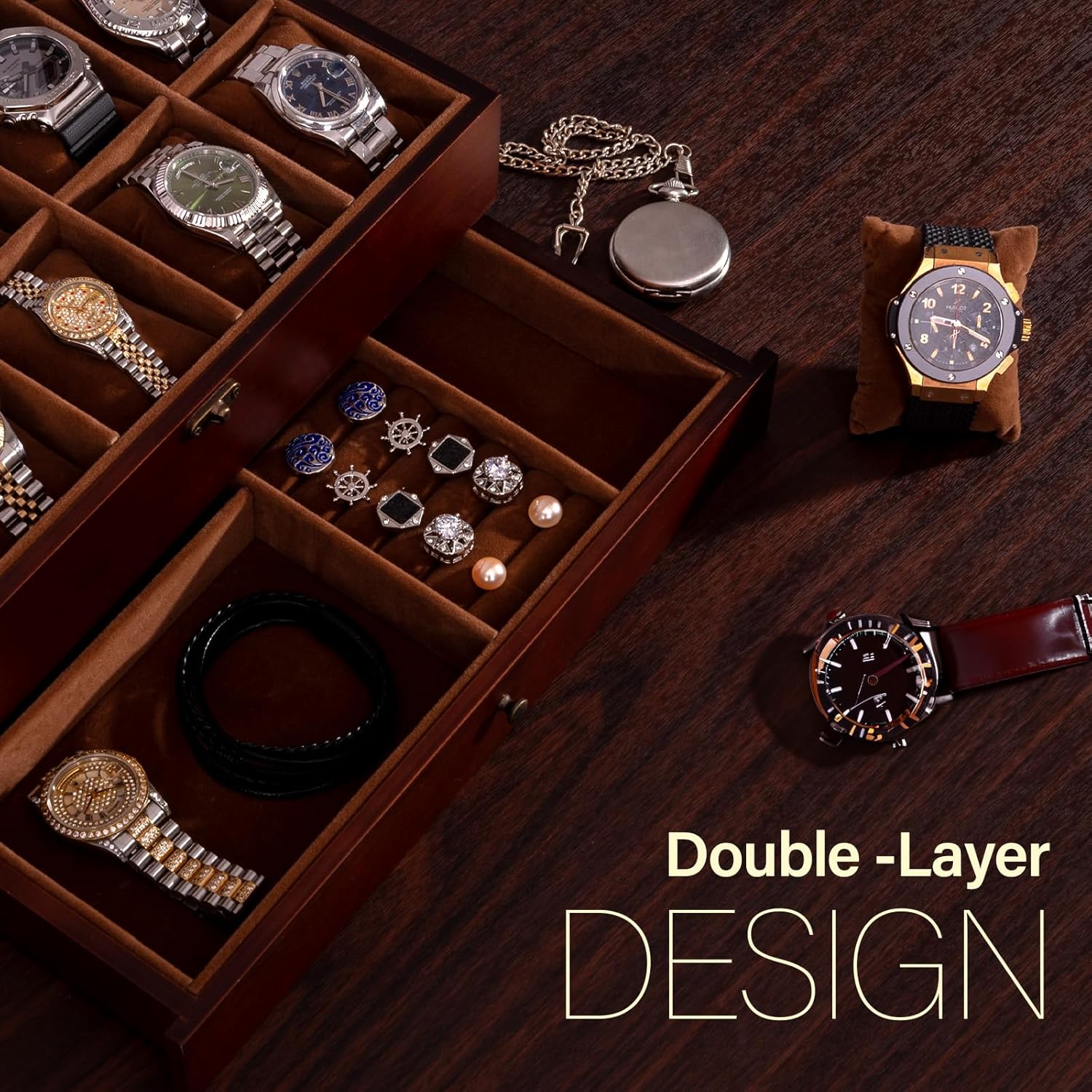 ULTRGEE Watch Box for Men, Watch Display Case - 10 Slots, Wooden Watch Holder Organizer with Drawer, 2 - Layer Watch and Jewelry Storage Box - Image 6