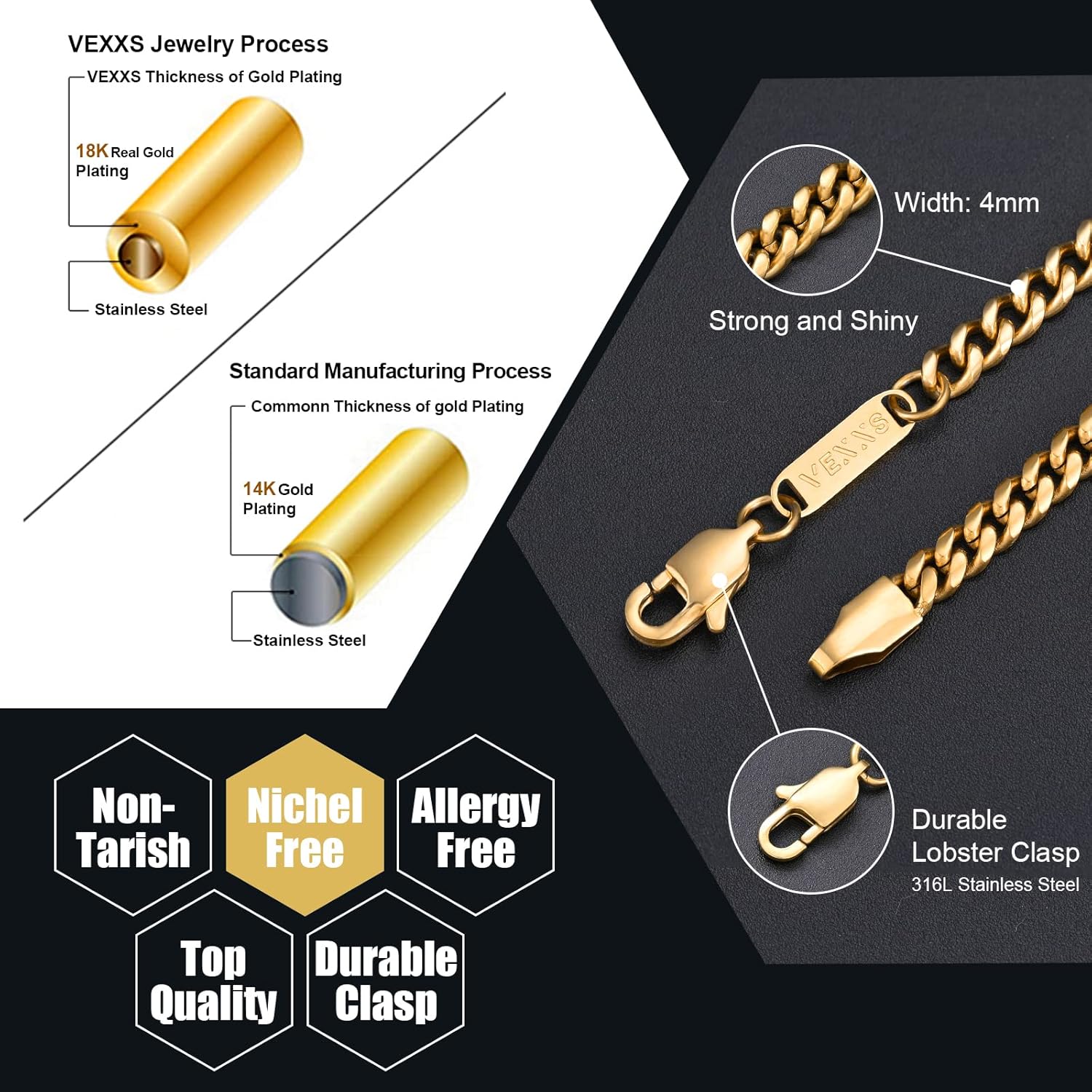 VEXXS Men's Gold Chain, 18K Real Gold Plated Miami Cuban Link Chain, Durable No Color Fading 3mm 4mm 6mm Men’s Necklace Chain Urban Fashion Street Wear - Image 2