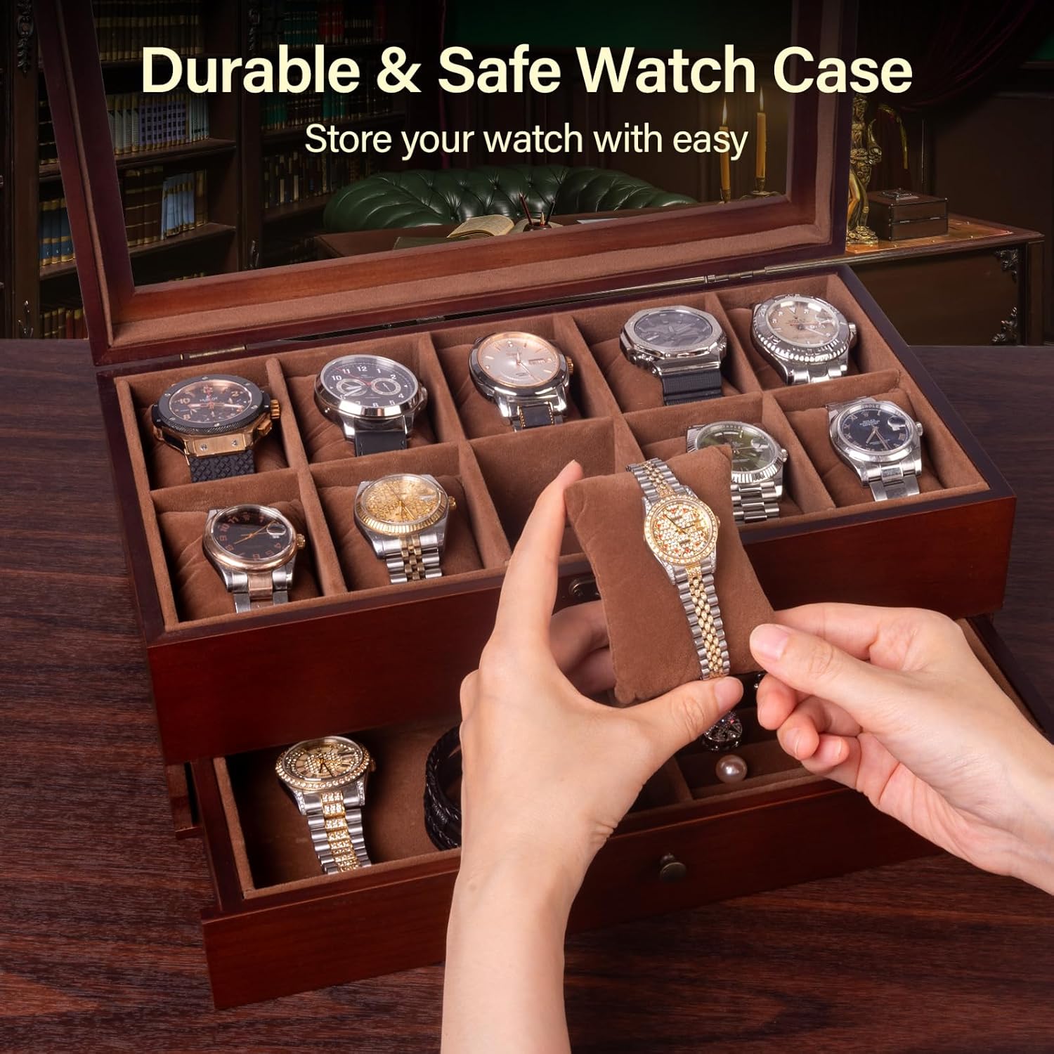 ULTRGEE Watch Box for Men, Watch Display Case - 10 Slots, Wooden Watch Holder Organizer with Drawer, 2 - Layer Watch and Jewelry Storage Box - Image 5