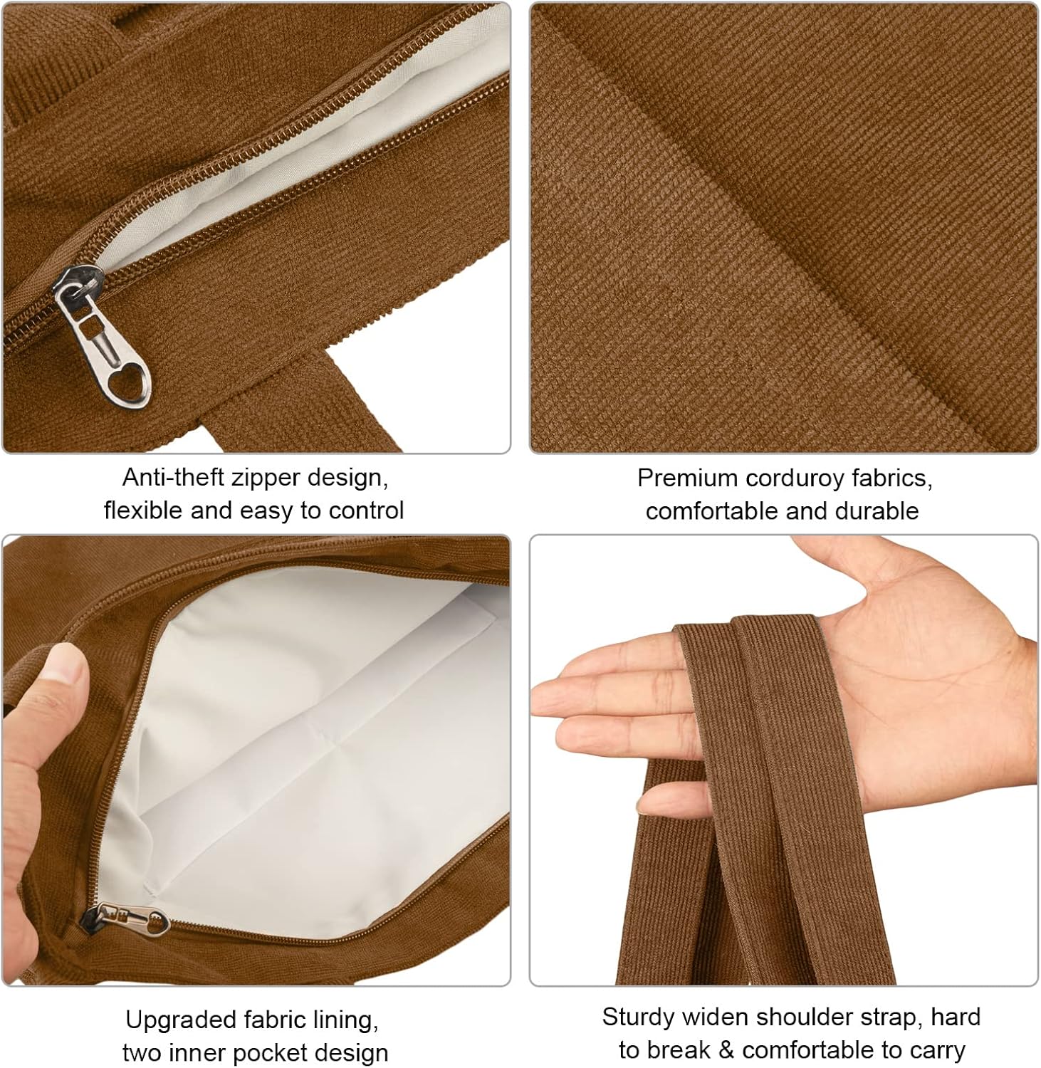 Corduroy Tote Bag with Zip, Kememo Shoulder Bag Women's Hobos Handbags Large Capacity Shopping Bag with Inner Pocket - Image 3