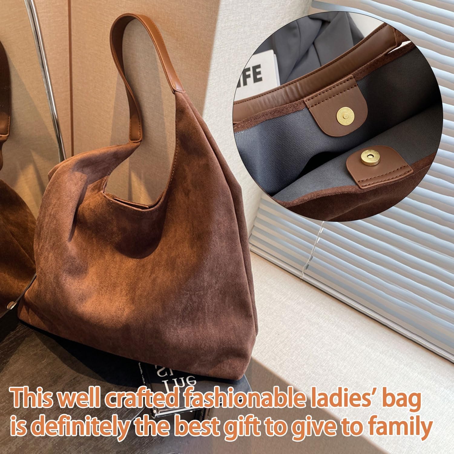 Suede Hobo Bags for Women, Shoulder Bag Retro Tote Bag Suede Slouchy Bag Hobo Handbag Office Work Bag Tote Handbag with Pu Leather Clutch Purse - Image 5