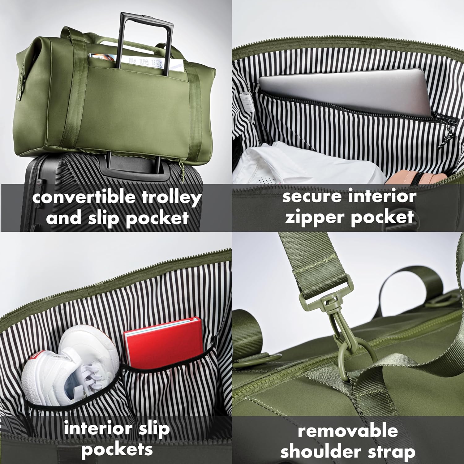 Fit & Fresh Premium Neoprene Weekender Bag, Travel Bag with Trolley Sleeve, Large Overnight Bag, Carry on Bag, Duffel Bags, Moss - Image 2