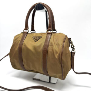 PRADA Boston Bag Nylon Yellow Leather Handle Silver Authentic