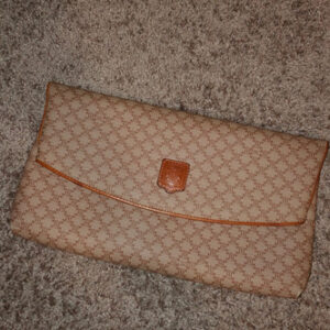 Celine Macadam Pattern Shoulder Bag Tote  Authentic Brown Logo Aqua Handles