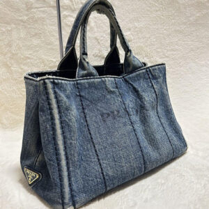 PRADA Canapa Denim Tote Bag – W32 × H21 × D21 cm (12.60″ × 8.27″ × 8.27″)
