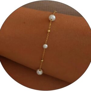 Kyazeo Dainty Gold Bracelets for Women 18K Gold Plated Simple Pearl Cross Cuban Herringbone Link Chain Bracelet Bridesmaid Jewelry
