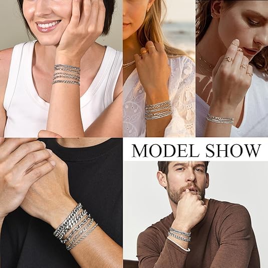 VNOX 5PCS Chain Bracelet for Men Woman Silver Stainless Steel Mens Bracelet Sturdy Cuban Link Set for Men Christmas Birthday Father's Day Mens Jewelry Gift for Men Dad Boyfriend,7.1/7.5/8.3/9.06 Inch - Image 3