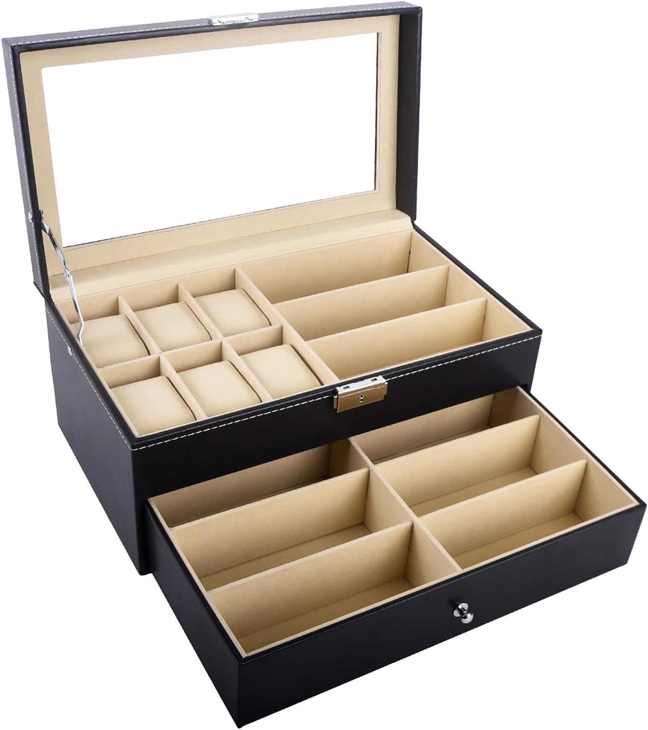 AUTOARK Leather 6 Watch Box Jewelry Case and 9 Piece Eyeglasses Storage and Sunglass Glasses Display Drawer Lockable Case Organizer,Black,AW-048 - Image 2