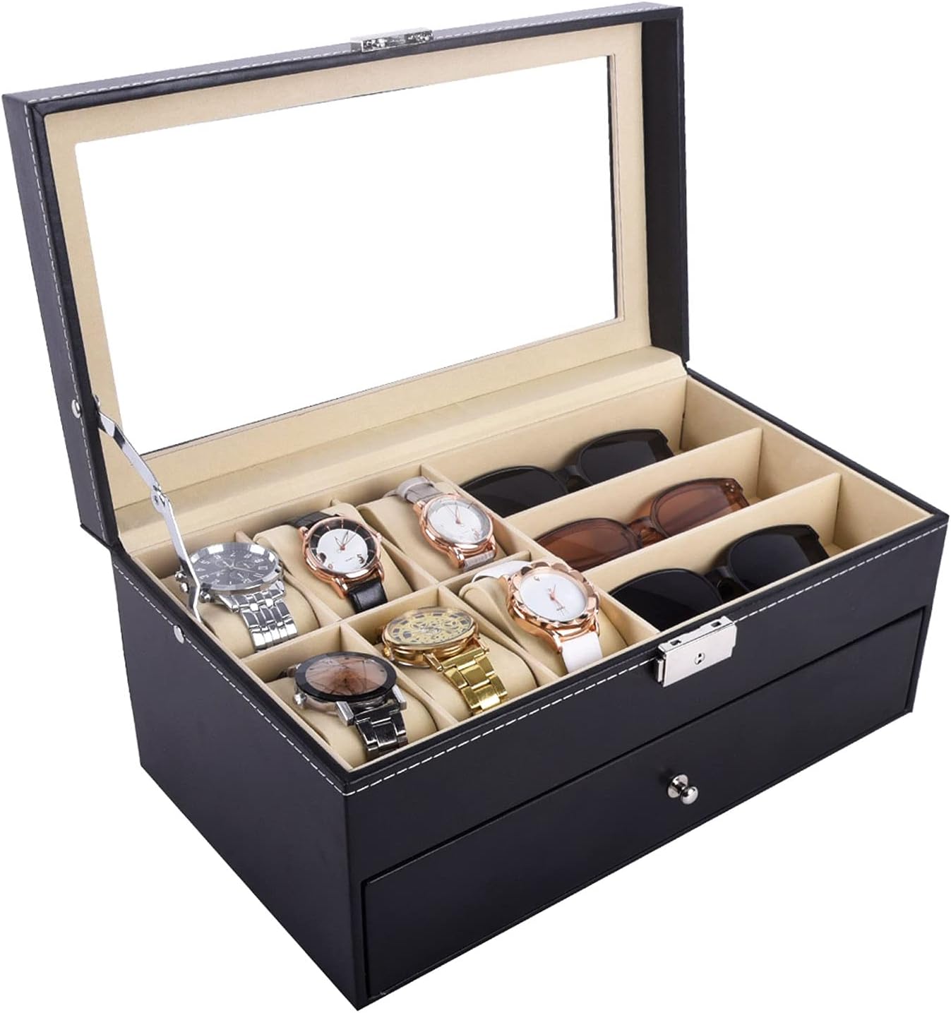AUTOARK Leather 6 Watch Box Jewelry Case and 9 Piece Eyeglasses Storage and Sunglass Glasses Display Drawer Lockable Case Organizer,Black,AW-048 - Image 5