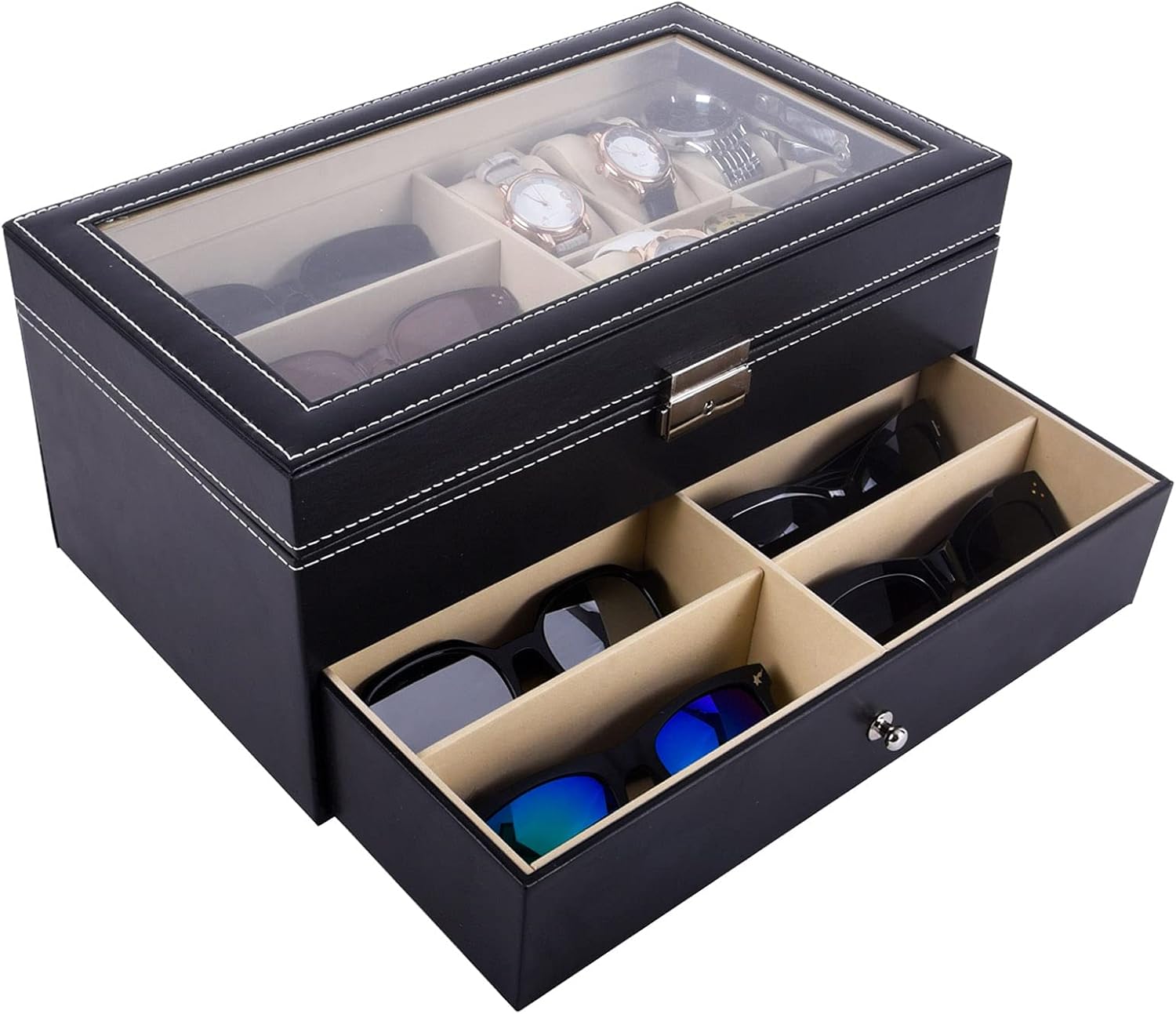 AUTOARK Leather 6 Watch Box Jewelry Case and 9 Piece Eyeglasses Storage and Sunglass Glasses Display Drawer Lockable Case Organizer,Black,AW-048 - Image 4