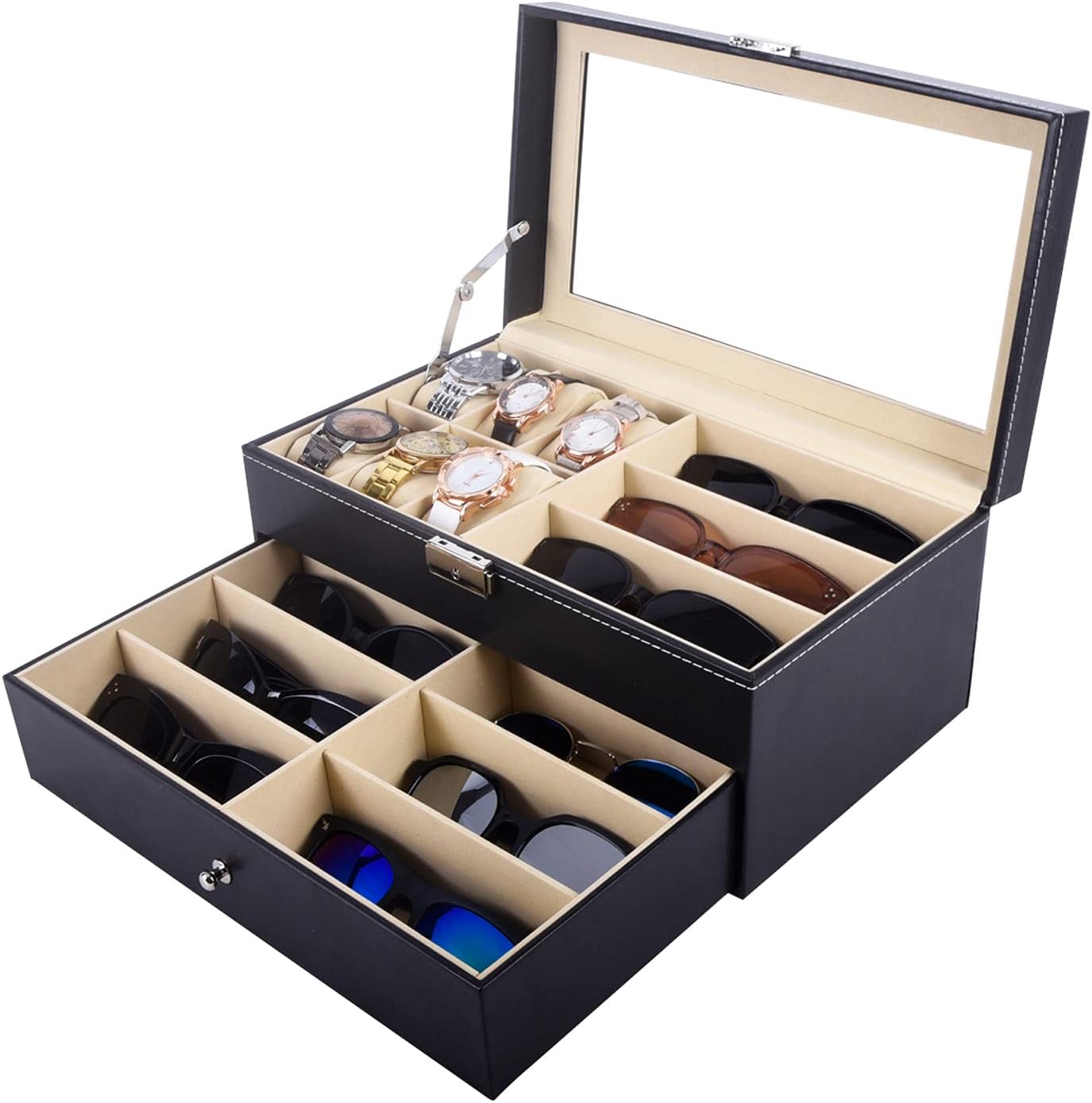 AUTOARK Leather 6 Watch Box Jewelry Case and 9 Piece Eyeglasses Storage and Sunglass Glasses Display Drawer Lockable Case Organizer,Black,AW-048 - Image 7