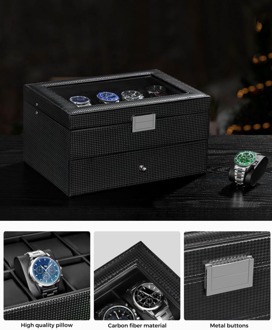 BEWISHOME Watch Box Organizer with Valet Drawer - Real Glass Top, Adjustable Tray, Metal Hinge, Carbon Fiber Design - 12 Slots Watch Storage Case for Men, Black SSH02C - Image 5