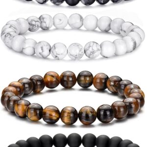 VEEDOFA Tiger Eye Beaded Bracelets for Men – Elastic 8MM Natural Stone Bracelet Set Lava Rock Bracelets Gifts for Son Grandson Bonus Son Boyfriend Brother