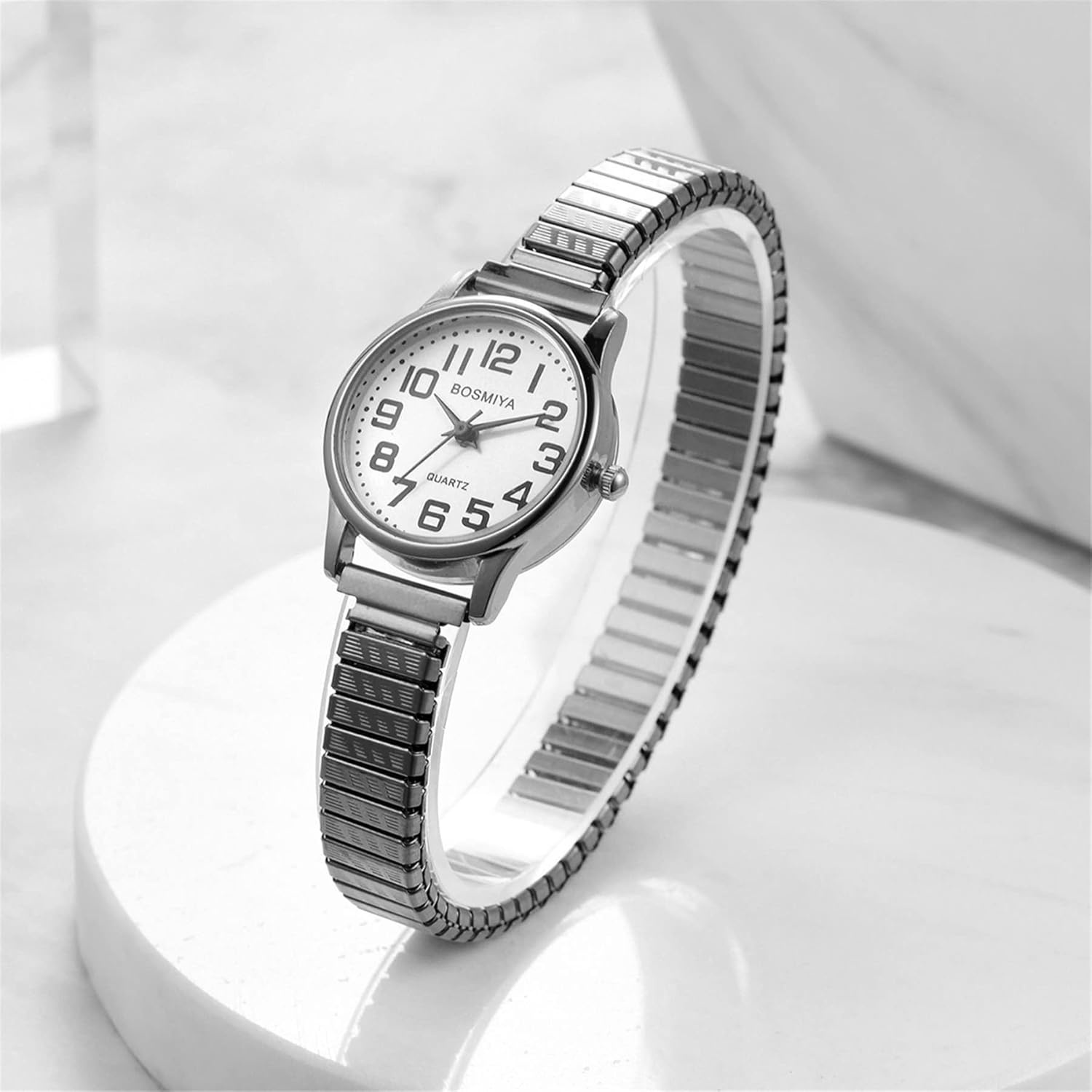 JewelryWe Women's Easy Reader Analog Watch Gold Silver Plated Elastic Band Wristwatch for Valentines Day - Image 5