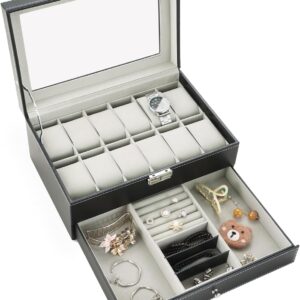 NATGAI 12-Slot Watch Box with Jewelry Drawer | Lockable PU Leather Watch Organizer, Elegant Watch Display Case with Clear Lid and Double Layers, Ideal for Men & Women (Black)