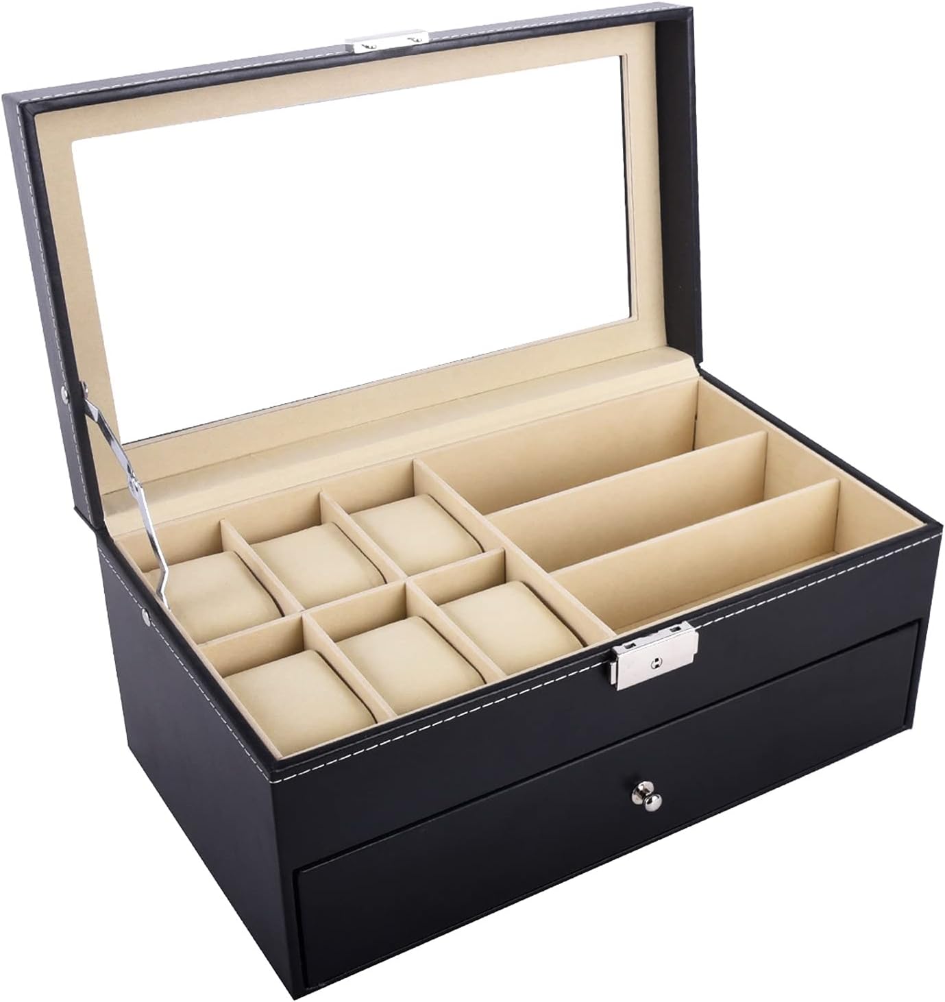 AUTOARK Leather 6 Watch Box Jewelry Case and 9 Piece Eyeglasses Storage and Sunglass Glasses Display Drawer Lockable Case Organizer,Black,AW-048 - Image 3