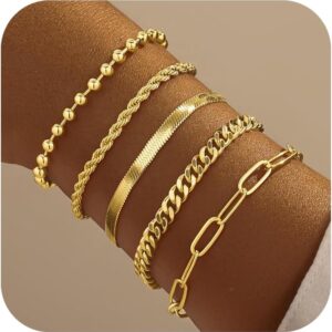 Poxtex Gold Bracelets for Women, 14K Real Gold Dainty 7″ +2″ Adjustable Multilayer Trendy Bracelets Set for Women Waterproof Inclued Beaded, Cuban, Paperclip, Snake, Rope, Figaro, Mirror, Satellite