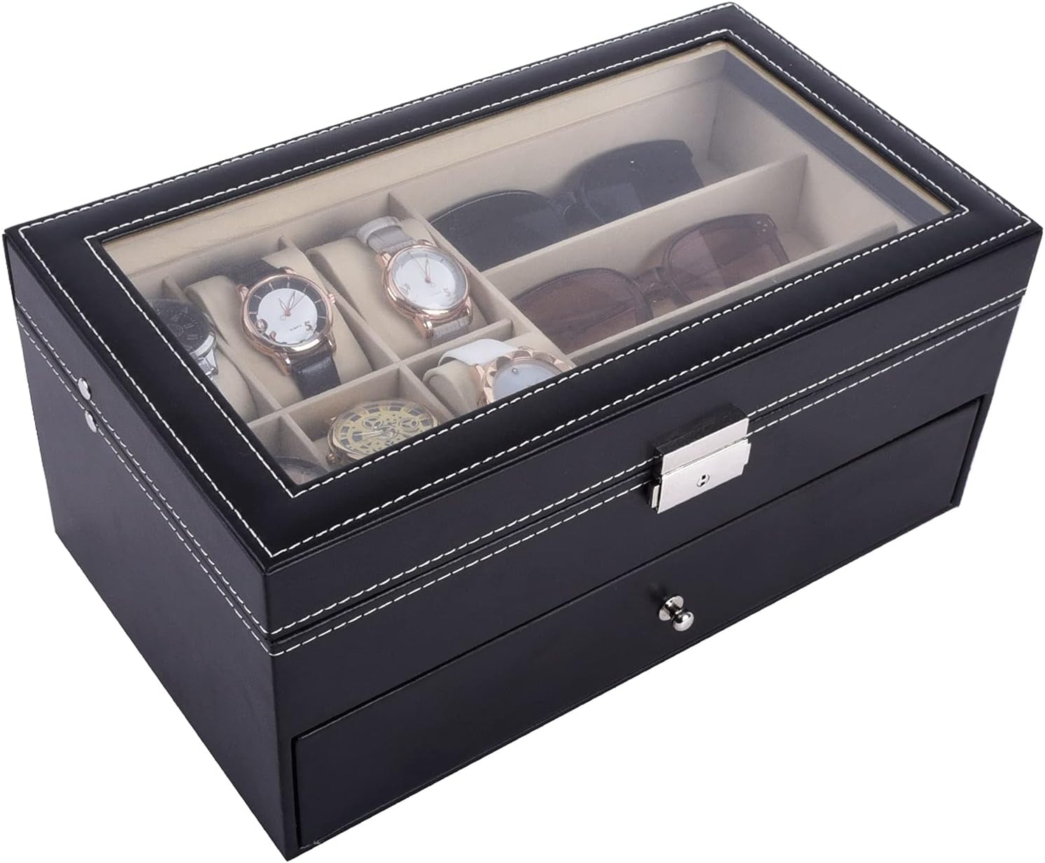 AUTOARK Leather 6 Watch Box Jewelry Case and 9 Piece Eyeglasses Storage and Sunglass Glasses Display Drawer Lockable Case Organizer,Black,AW-048 - Image 6