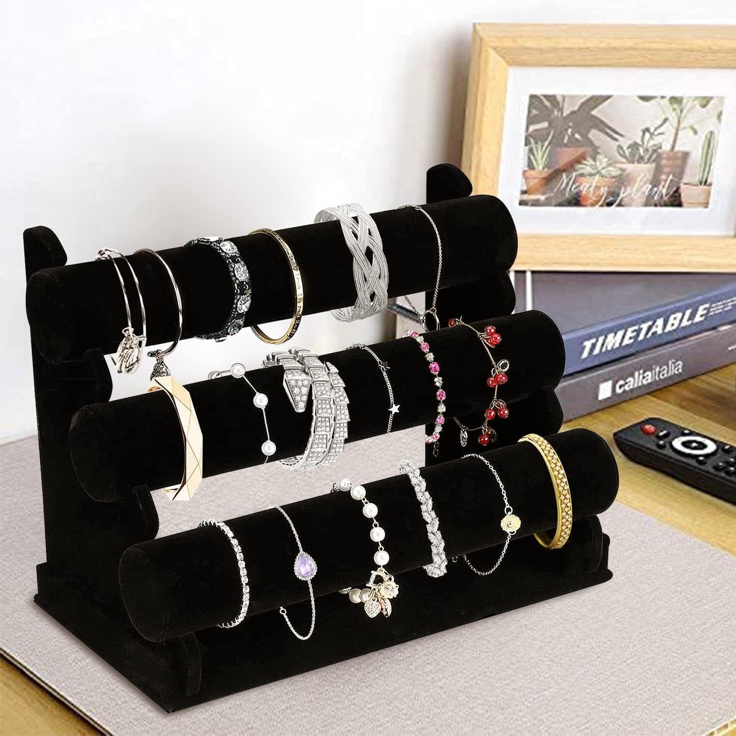 OSPNIEEK Velvet Bracelet Holder with 3 Tier Rack, Black Detachable Jewelry Display Stand T-Bar Necklace Storage Organizer for Bangles Watch Bracelets Scrunchies Organization Showcase - Image 5