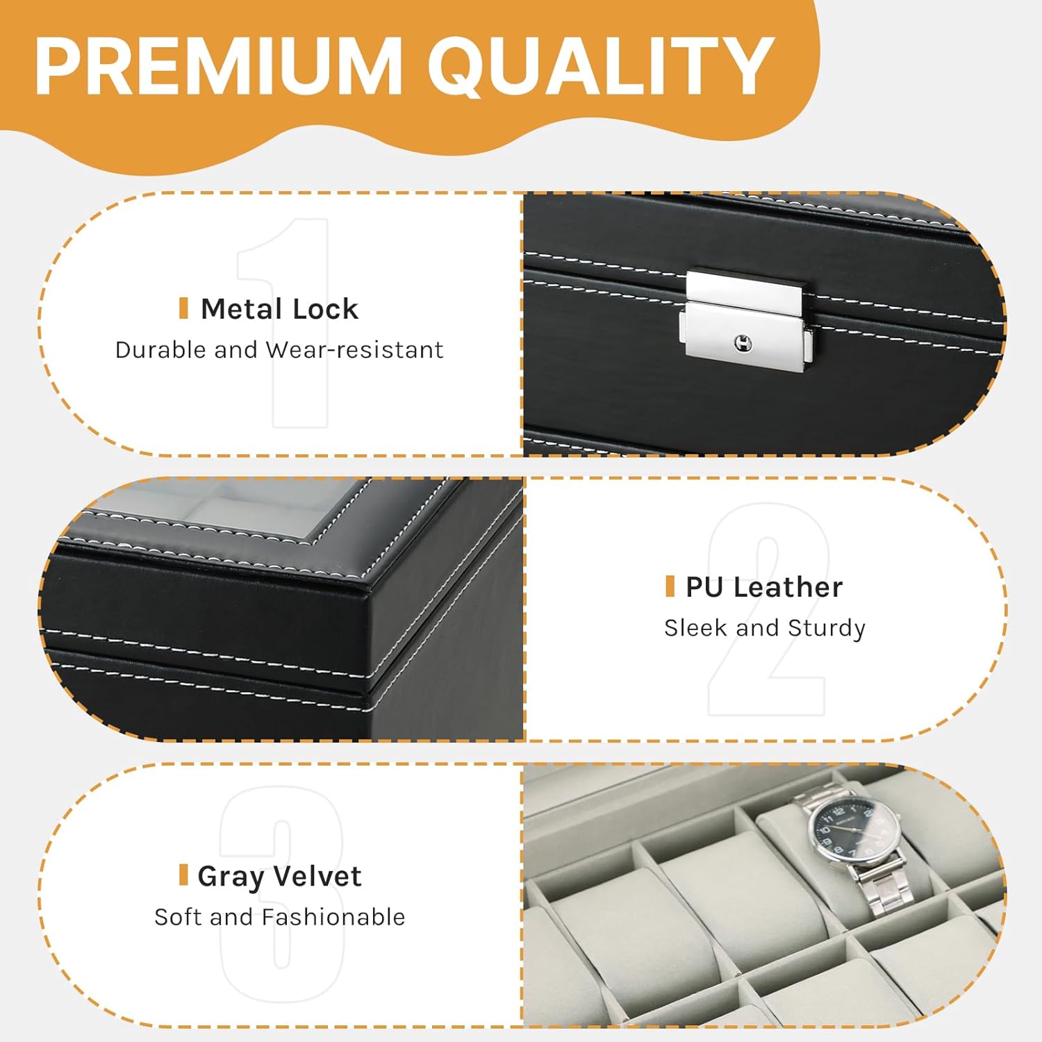 NATGAI 12-Slot Watch Box with Jewelry Drawer | Lockable PU Leather Watch Organizer, Elegant Watch Display Case with Clear Lid and Double Layers, Ideal for Men & Women (Black) - Image 3