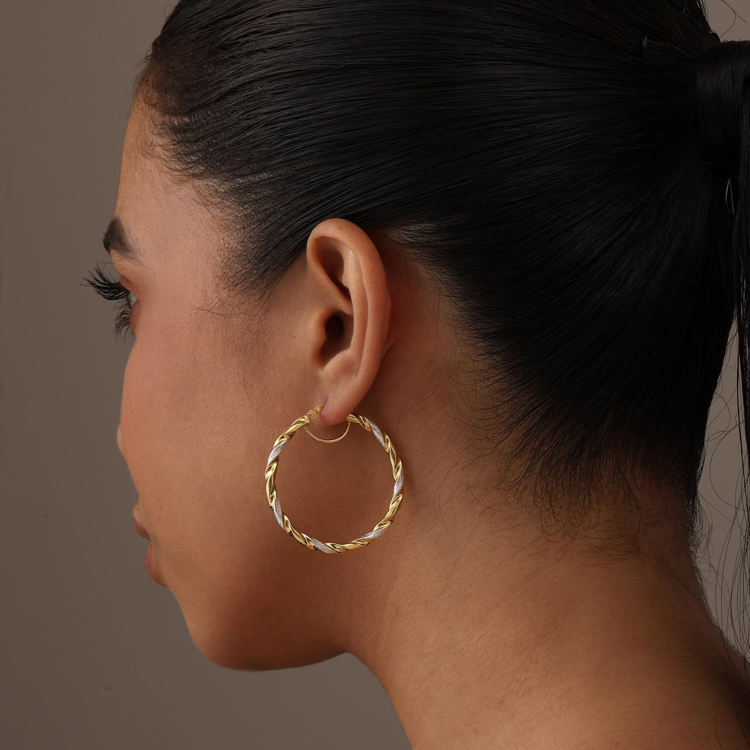 LeCalla 925 Sterling Silver Textured Two-Tone 14K Gold Plated Light-Weight Italian Design Hoop Earrings for Women Diameter 25,30,40,45,50mm - Image 2