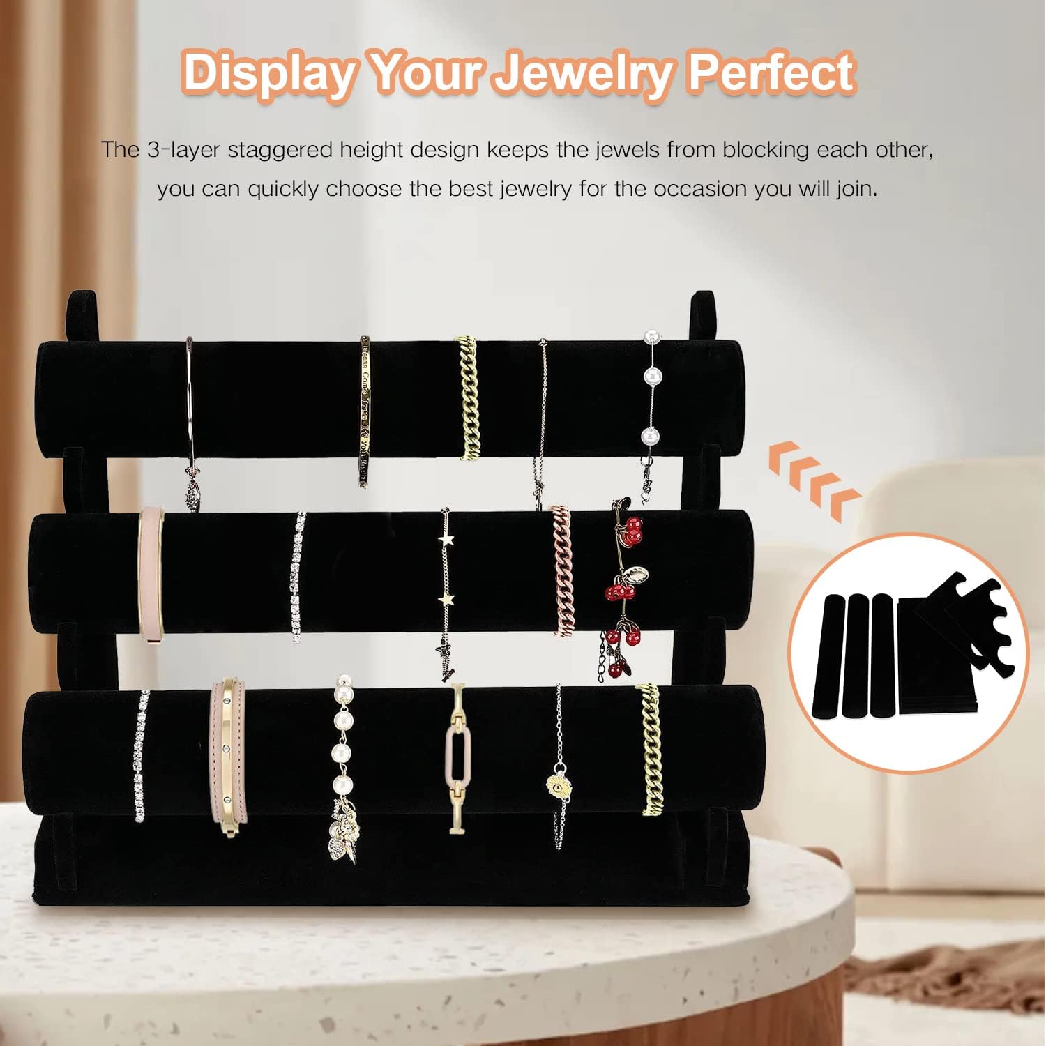 OSPNIEEK Velvet Bracelet Holder with 3 Tier Rack, Black Detachable Jewelry Display Stand T-Bar Necklace Storage Organizer for Bangles Watch Bracelets Scrunchies Organization Showcase - Image 2