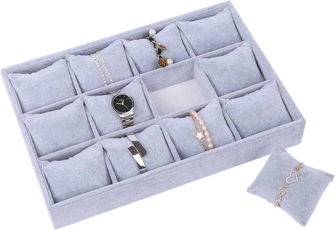 Watch Jewelry Tray Organizer Bracelet Display Showcase 12 Grid Pillows Tray Jewelry Storage Holder Grey Velvet Gifts for Men Women Girls - Image 4