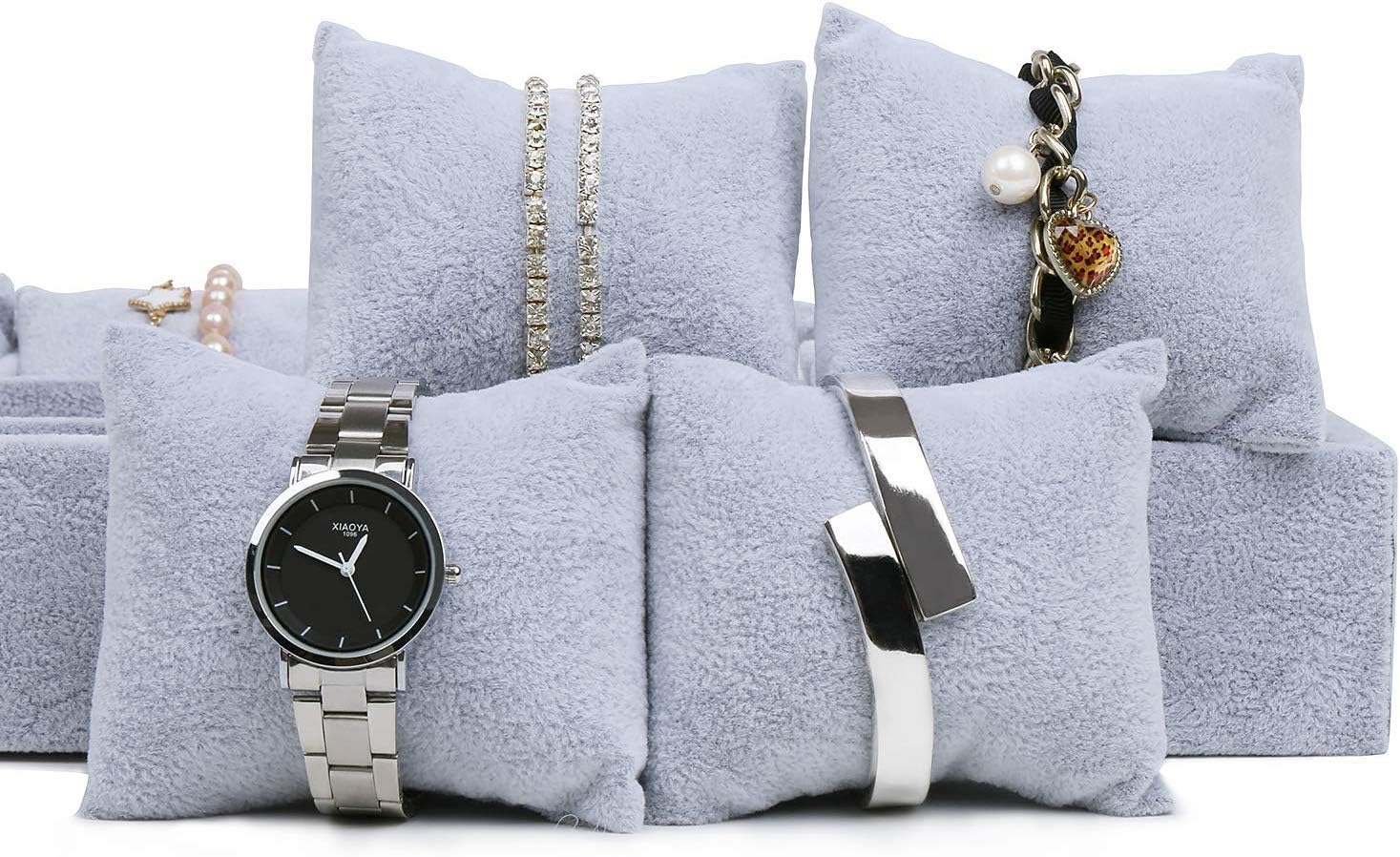 Watch Jewelry Tray Organizer Bracelet Display Showcase 12 Grid Pillows Tray Jewelry Storage Holder Grey Velvet Gifts for Men Women Girls - Image 2