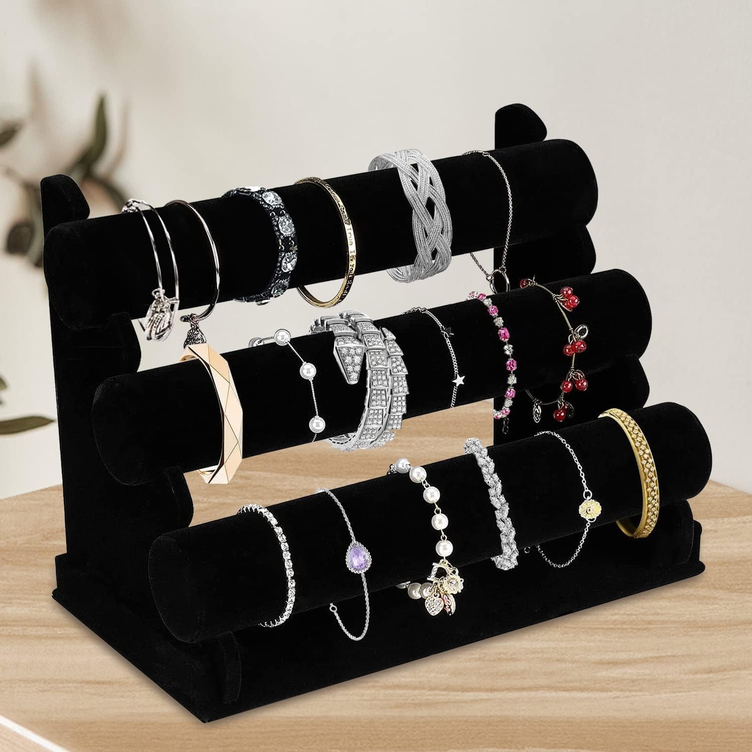 OSPNIEEK Velvet Bracelet Holder with 3 Tier Rack, Black Detachable Jewelry Display Stand T-Bar Necklace Storage Organizer for Bangles Watch Bracelets Scrunchies Organization Showcase - Image 7