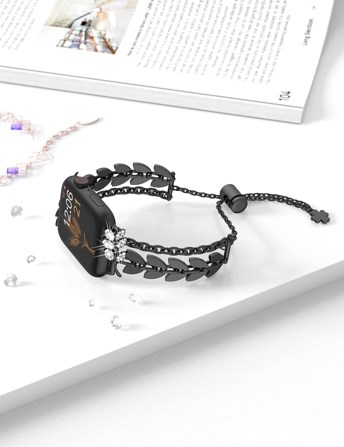 Wearlizer Wheat Ear Bracelet Compatible with Apple Watch Bands 40/38/41/42mm Women, Bling Diamond Charms iWatch Bands Stylish Dressy Metal Strap for Apple Watch Series 10 9 8 7 6 5 4 3 2 1 SE, Black - Image 3