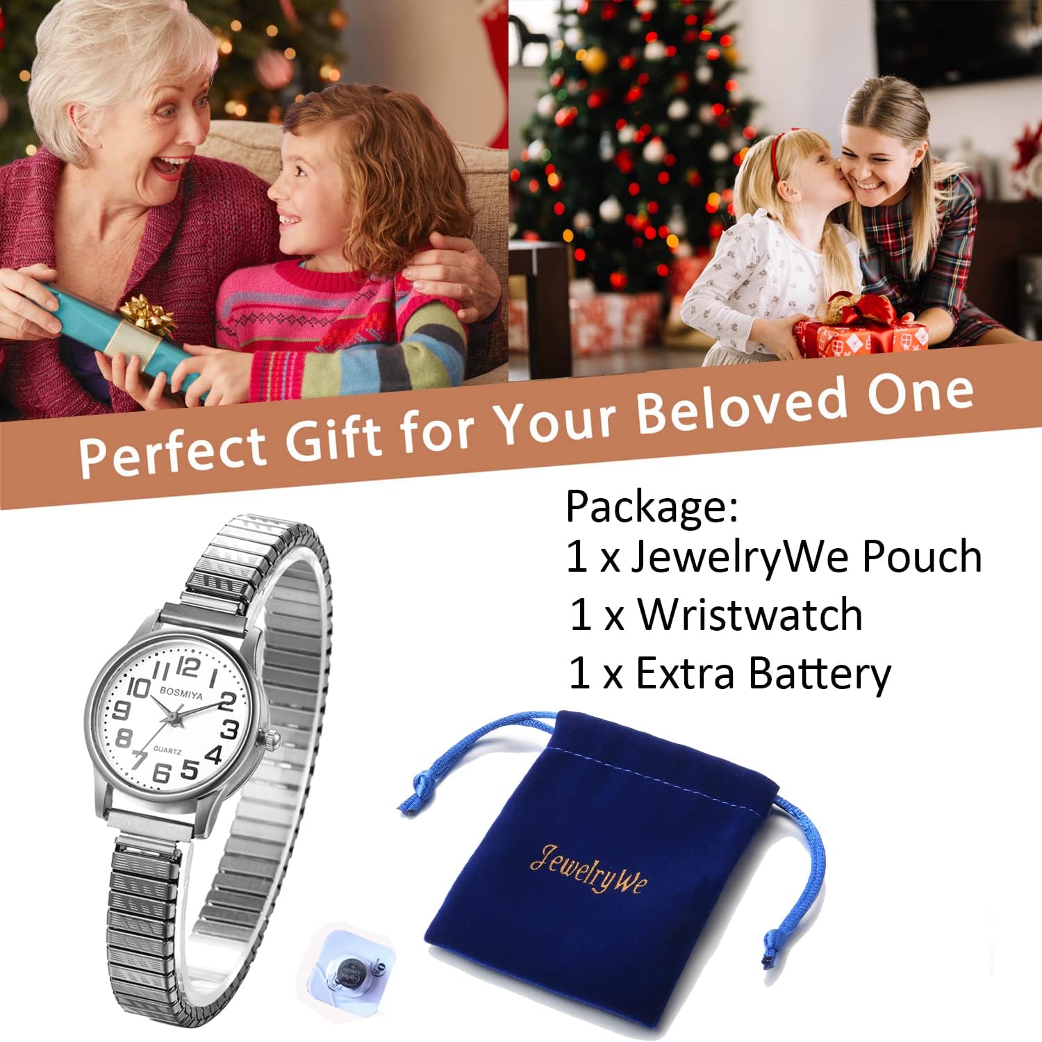 JewelryWe Women's Easy Reader Analog Watch Gold Silver Plated Elastic Band Wristwatch for Valentines Day - Image 6