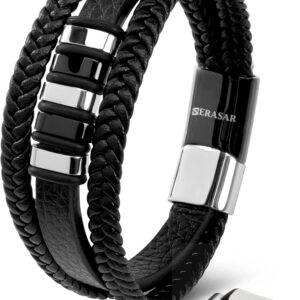 SERASAR | Premium Genuine Leather Bracelet [Glory] For Men in Black | Magnetic Stainless Steel Clasp in Silver and Gold | Exclusive Jewellery Box | Great Gift Idea