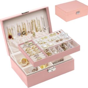 SYCARON Jewelry Organizer Box for Women, Large 2 Layer Jewelry Storage Case PU Leather Soft Lining with Lock for Rings Earrings Necklace Bracelets Watches, Pink
