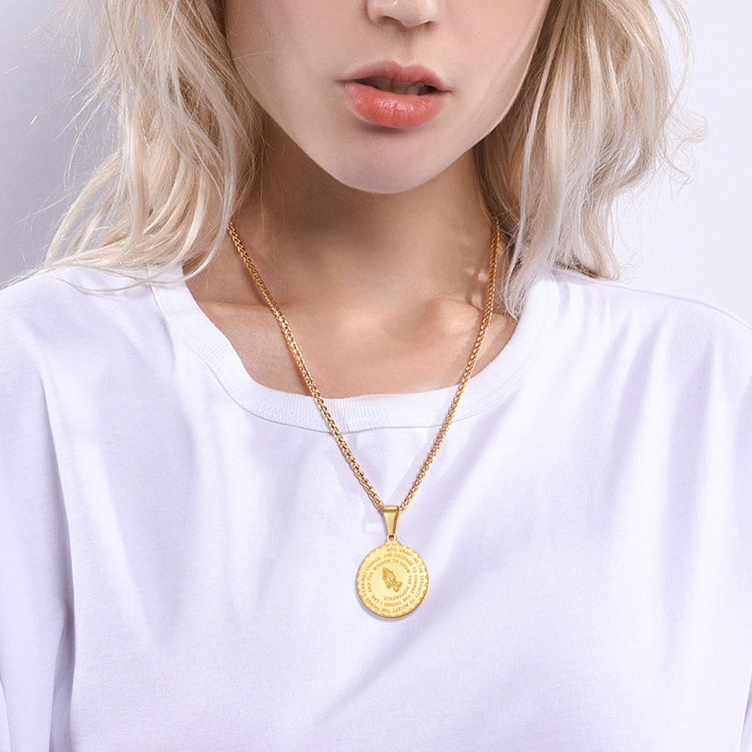 U7 Bible Verse Prayer Necklace, Round Medallion Pendant, Stainless Steel 18K Gold Plated Christian Jewelry, Crucifix Cross Pendant, Lords Prayer Necklace for Men Women - Image 6